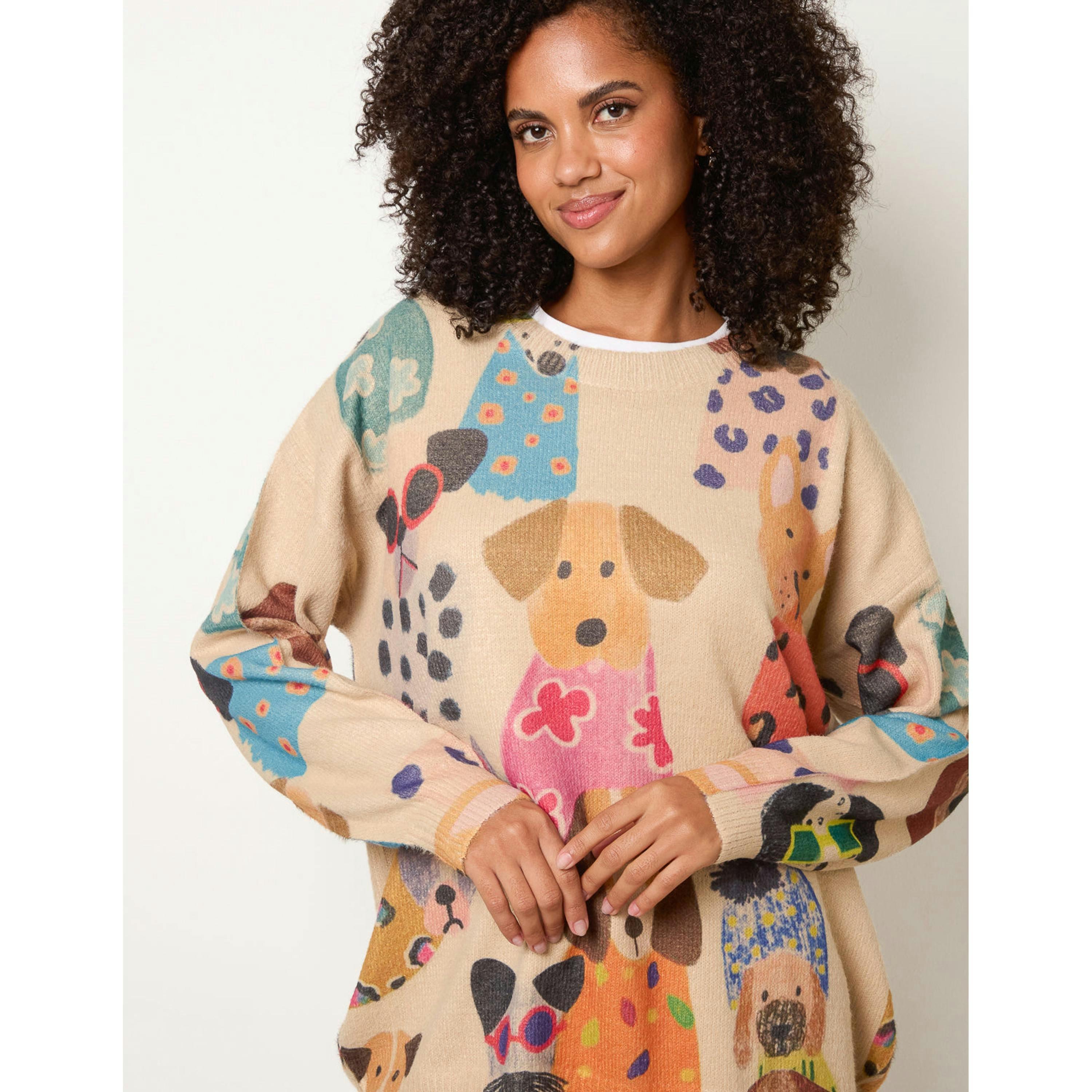 Blue Vanilla Multicolor Dog Print Jumper  in Stone , view 3 of 4