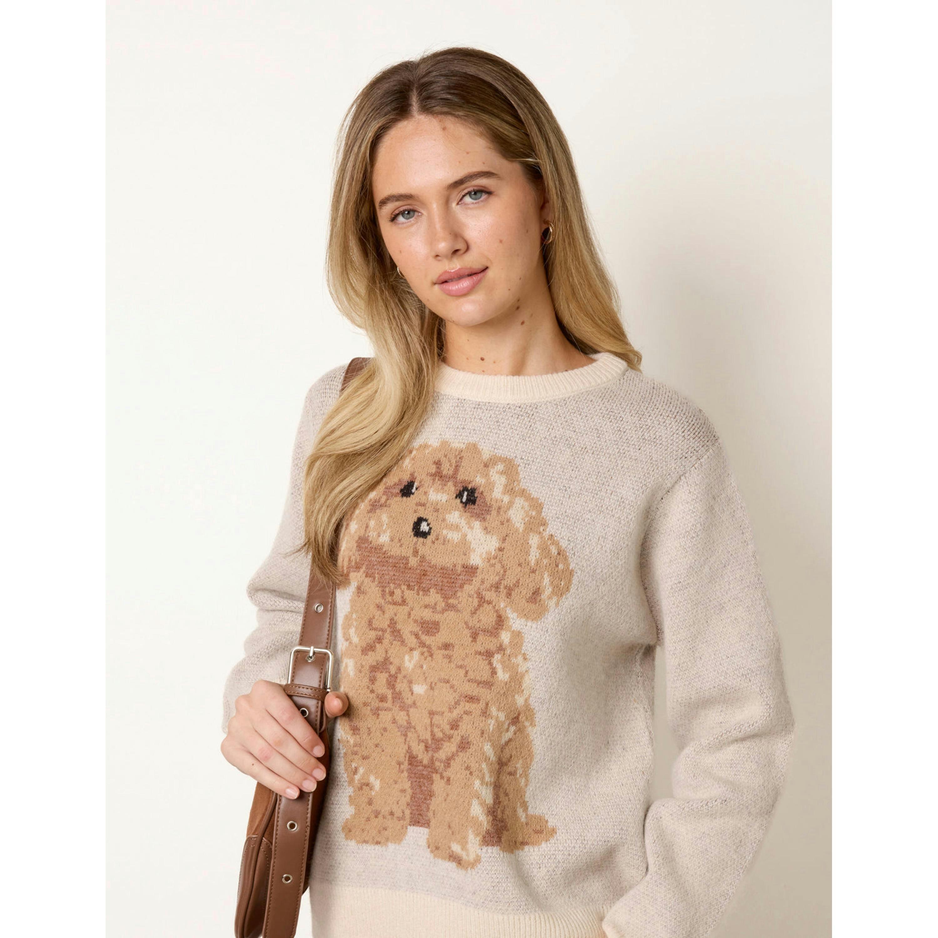 Blue Vanilla Knitted Round Neck Dog Jumper  in Stone , view 4 of 4