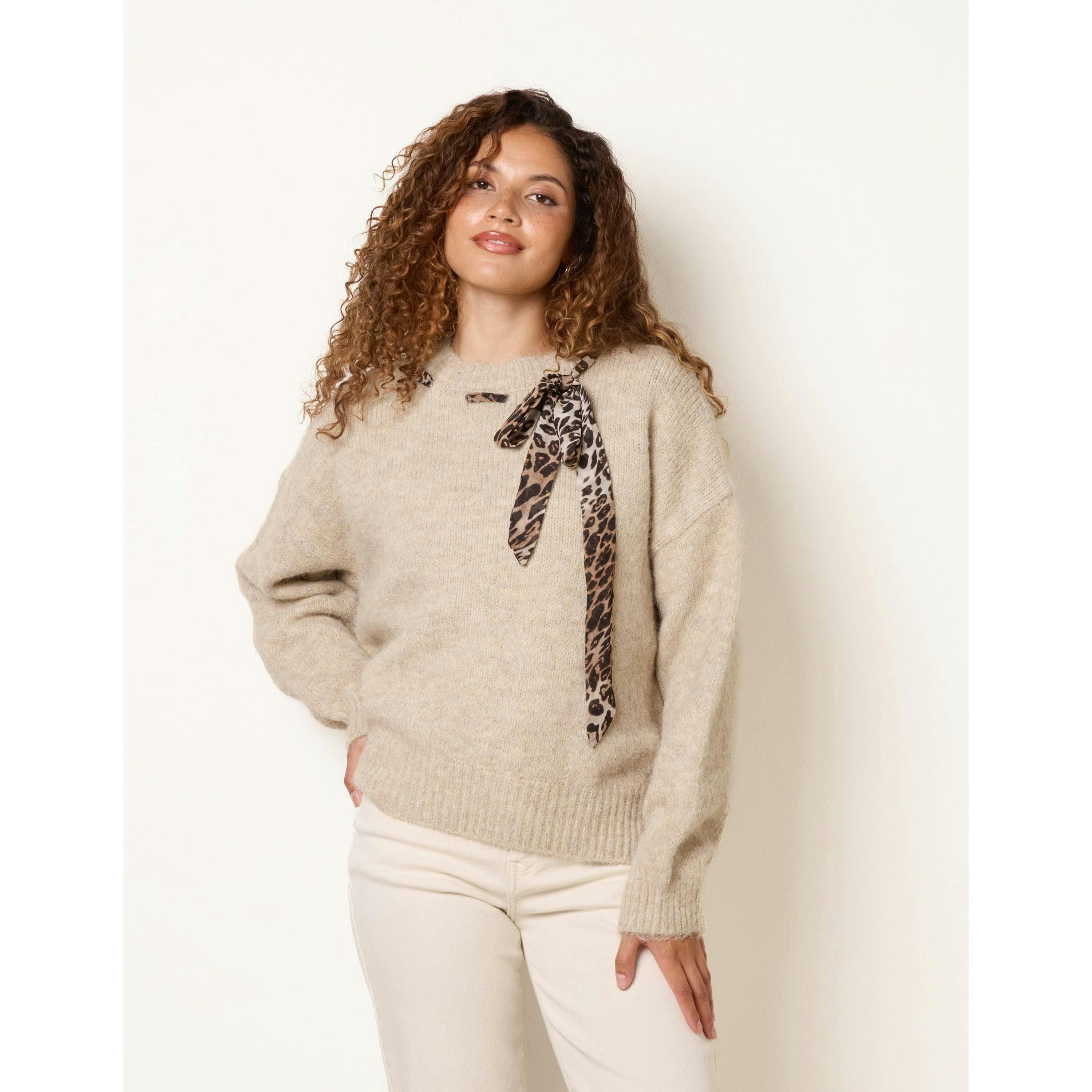 Blue Vanilla Leopard Tie Detail Knit Jumper  in Beige , view 4 of 4