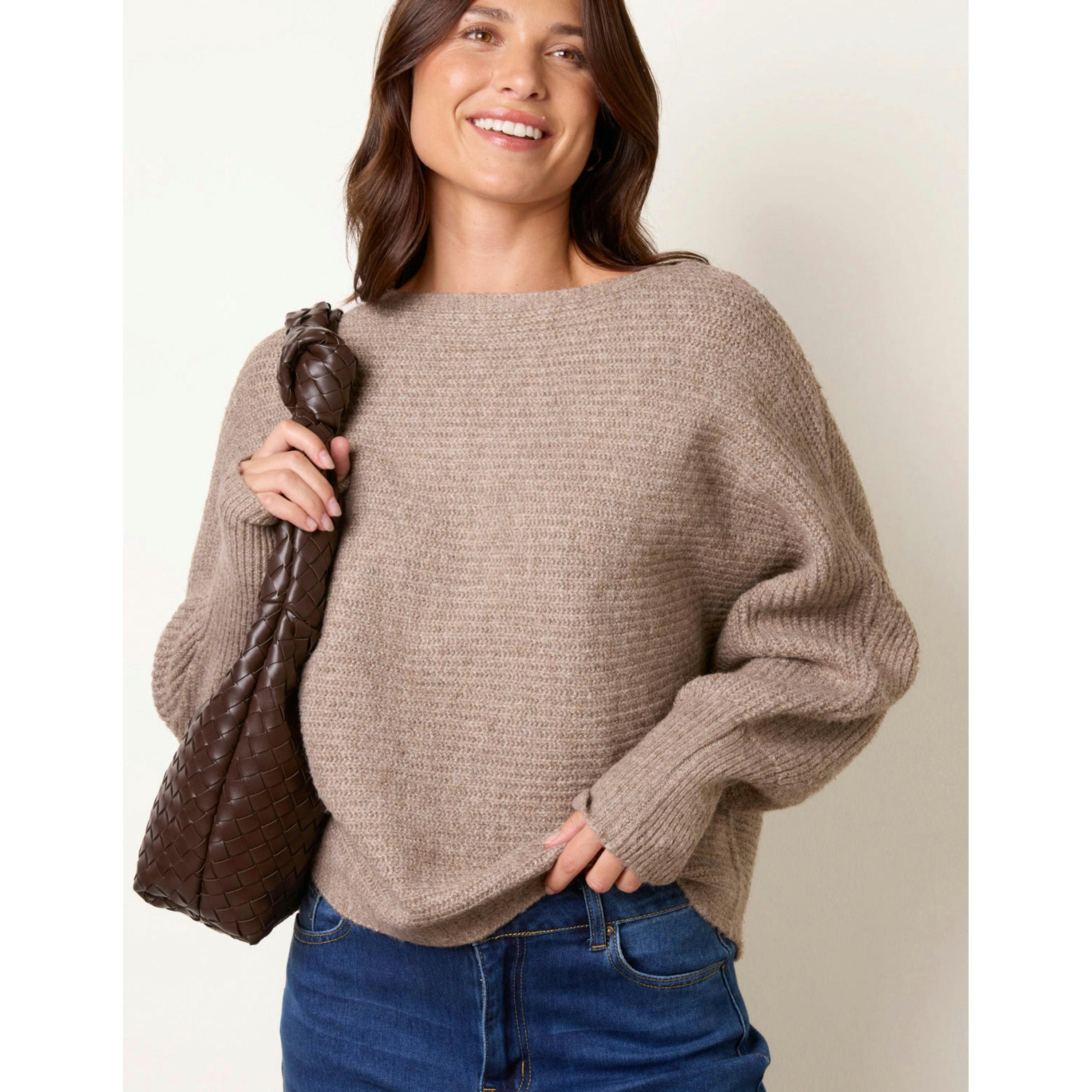 Blue Vanilla Ribbed Knit Batwing Jumper  in Brown , view 3 of 4