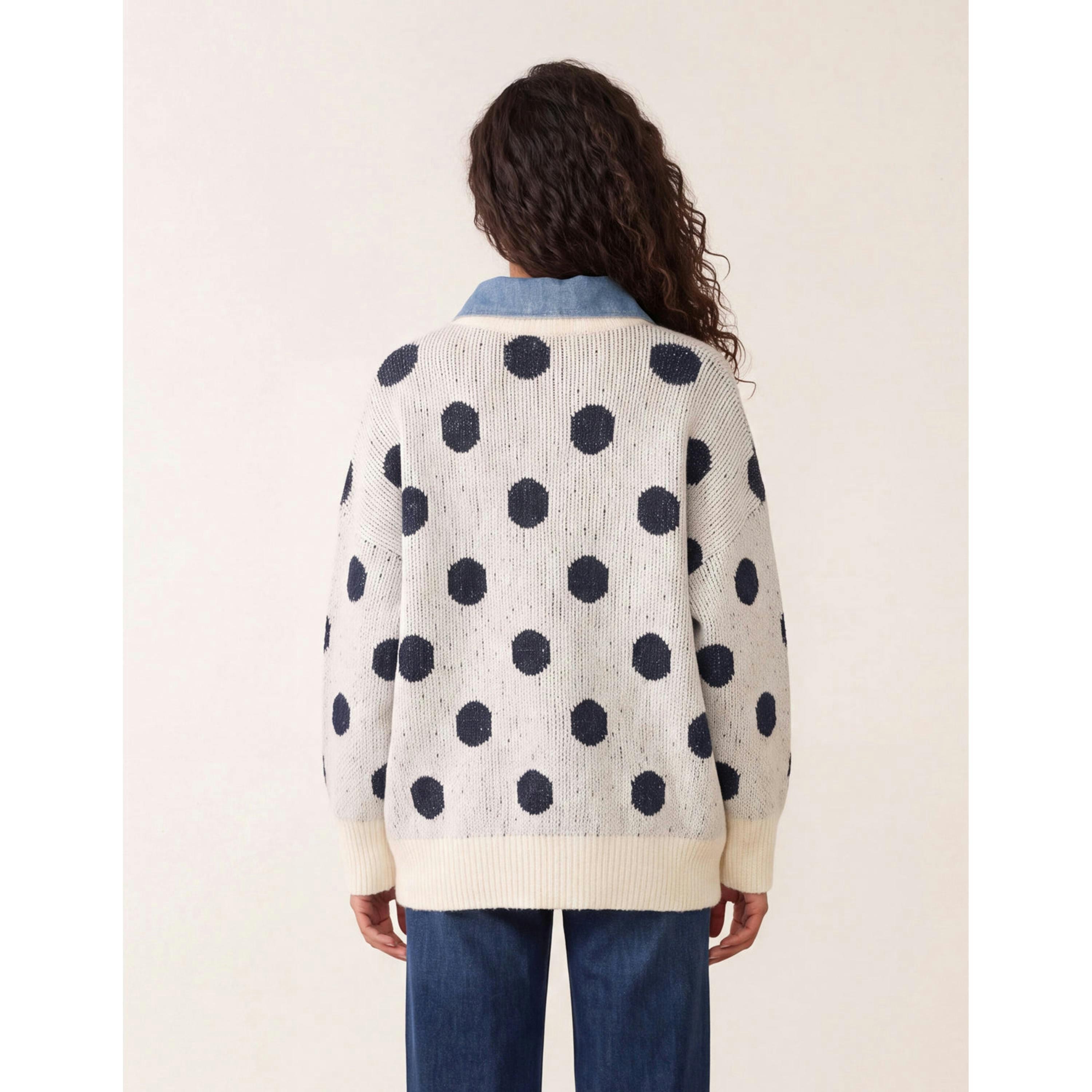 Blue Vanilla Polka Dot Knitted Polo Jumper  in Ivory , view 2 of 4