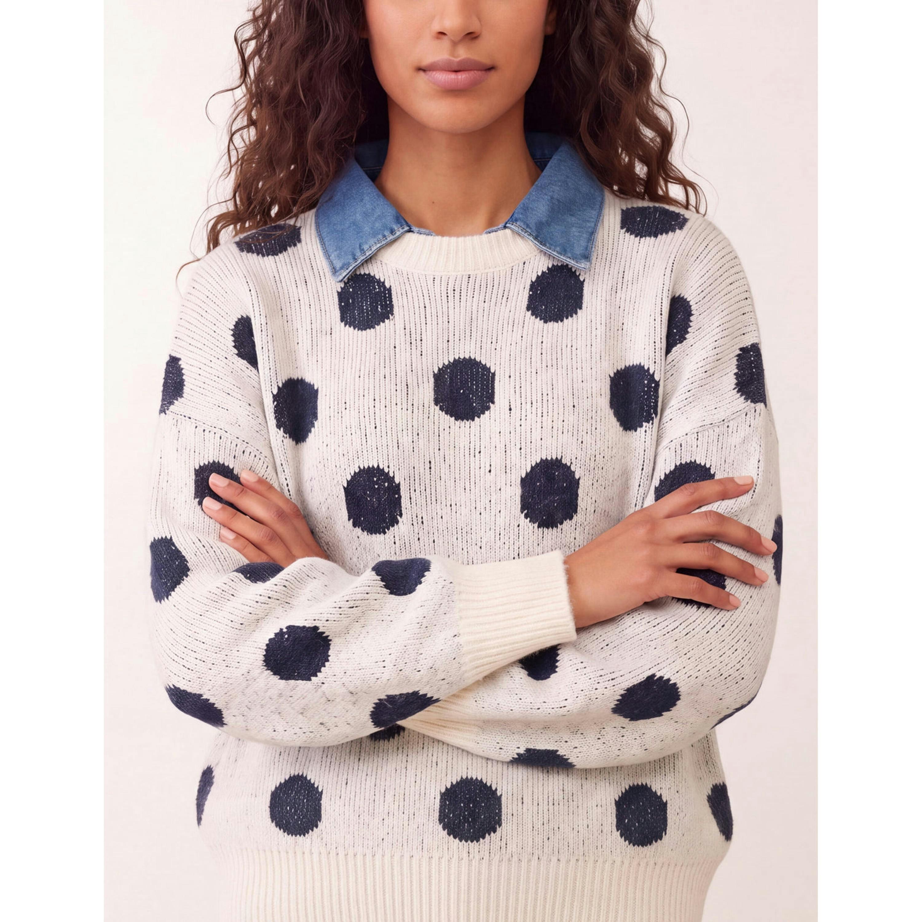 Blue Vanilla Polka Dot Knitted Polo Jumper  in Ivory , view 3 of 4