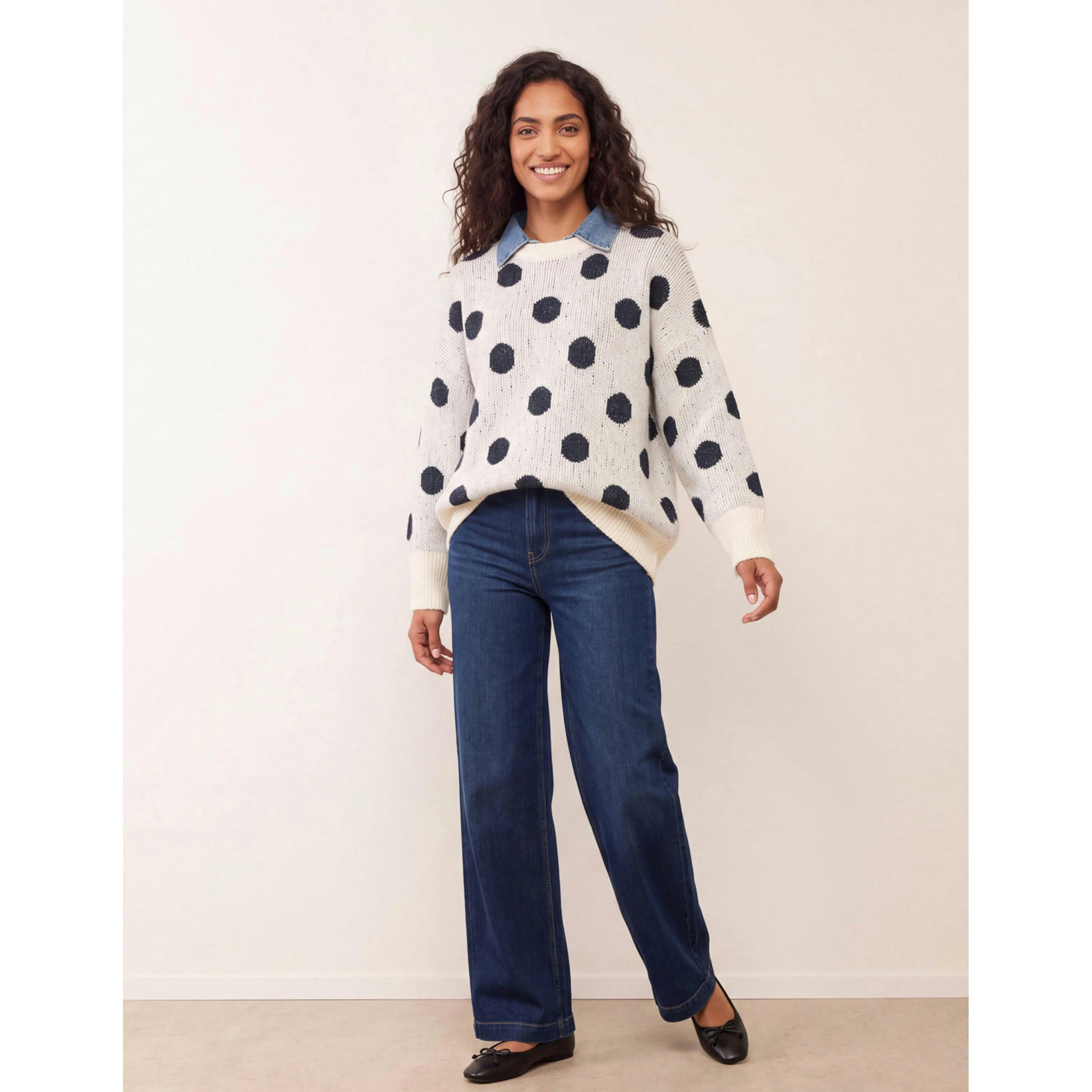 Blue Vanilla Polka Dot Knitted Polo Jumper  in Ivory , view 4 of 4