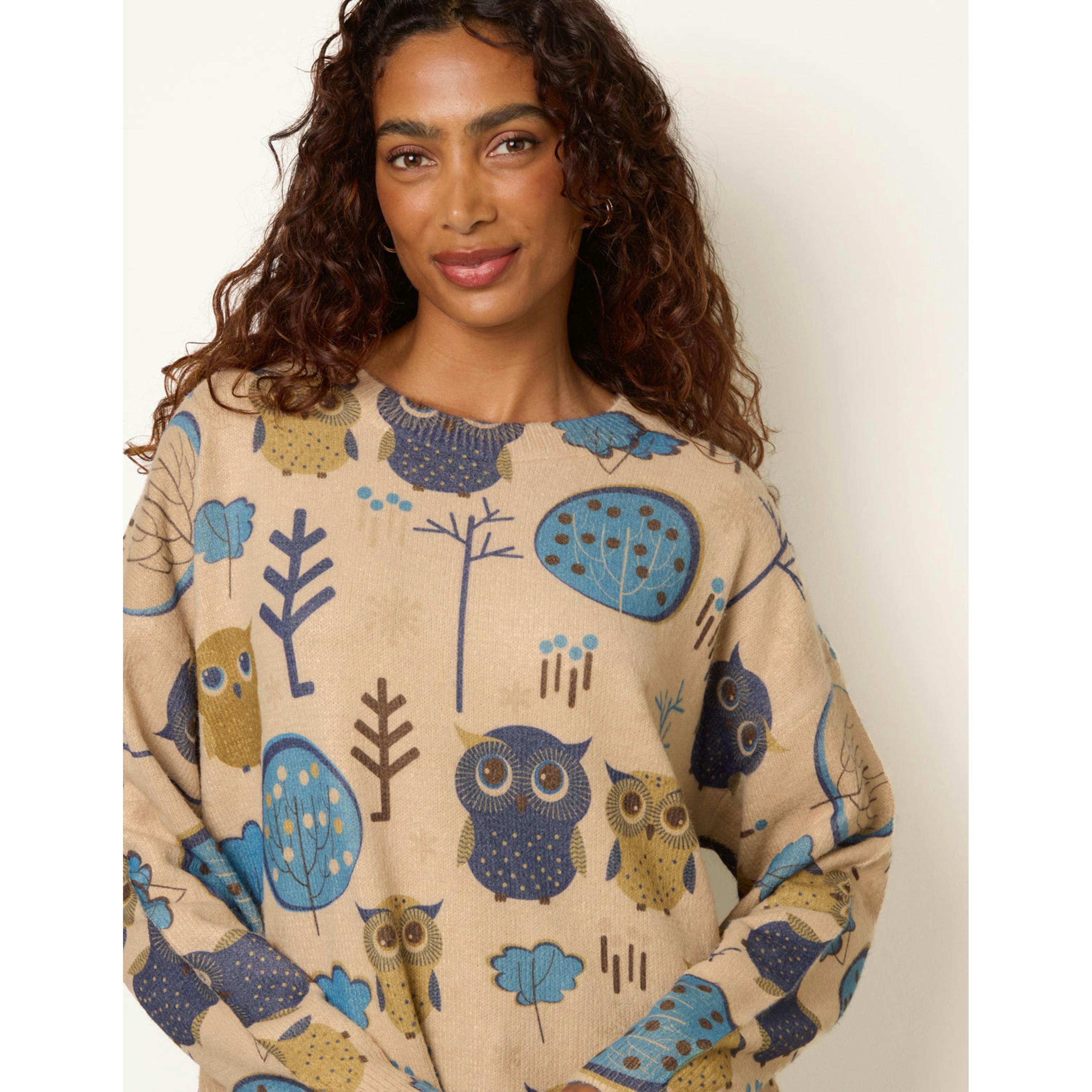 Blue Vanilla Owl & Woodland Tree Print Jumper  in Stone , view 2 of 4