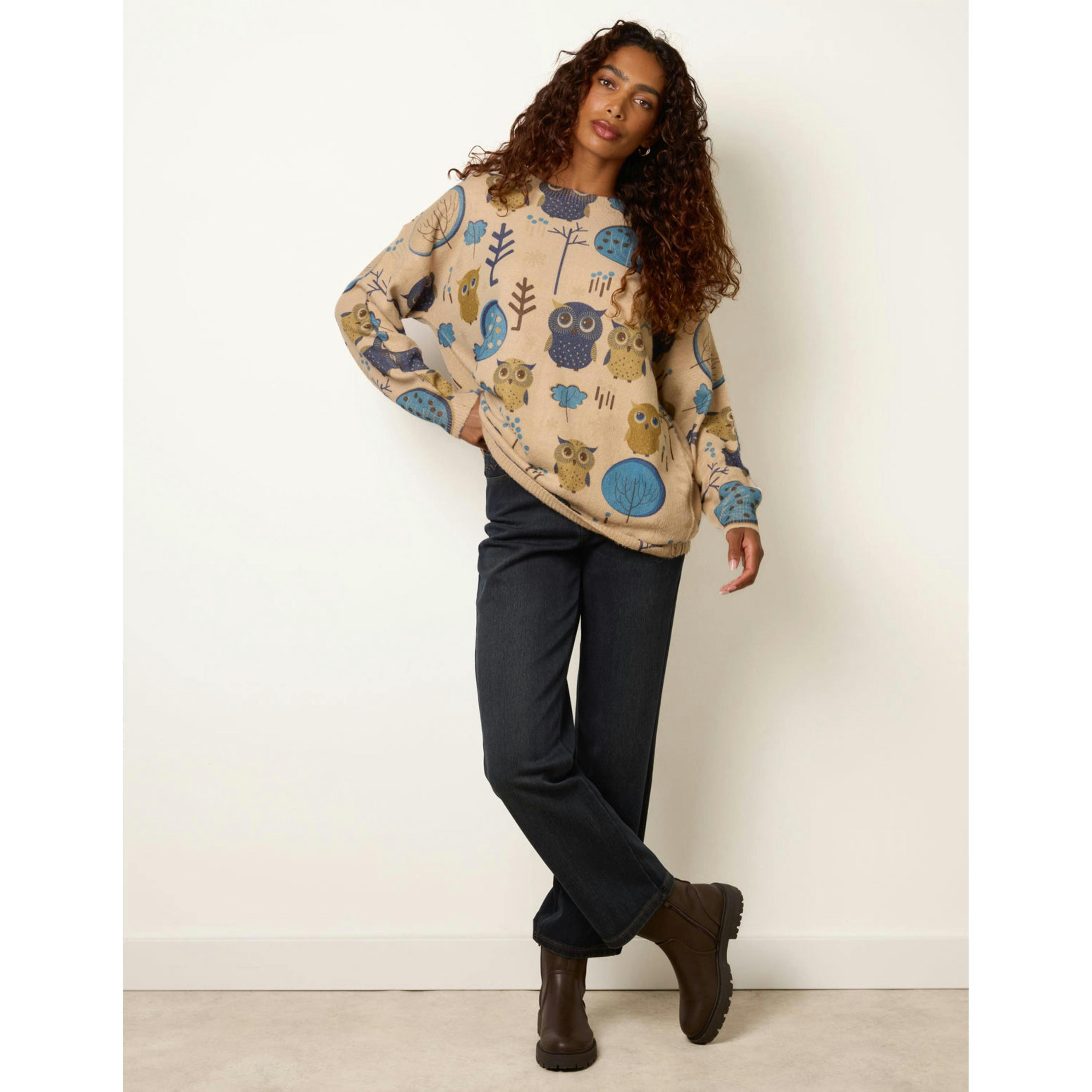 Blue Vanilla Owl & Woodland Tree Print Jumper  in Stone , view 3 of 4