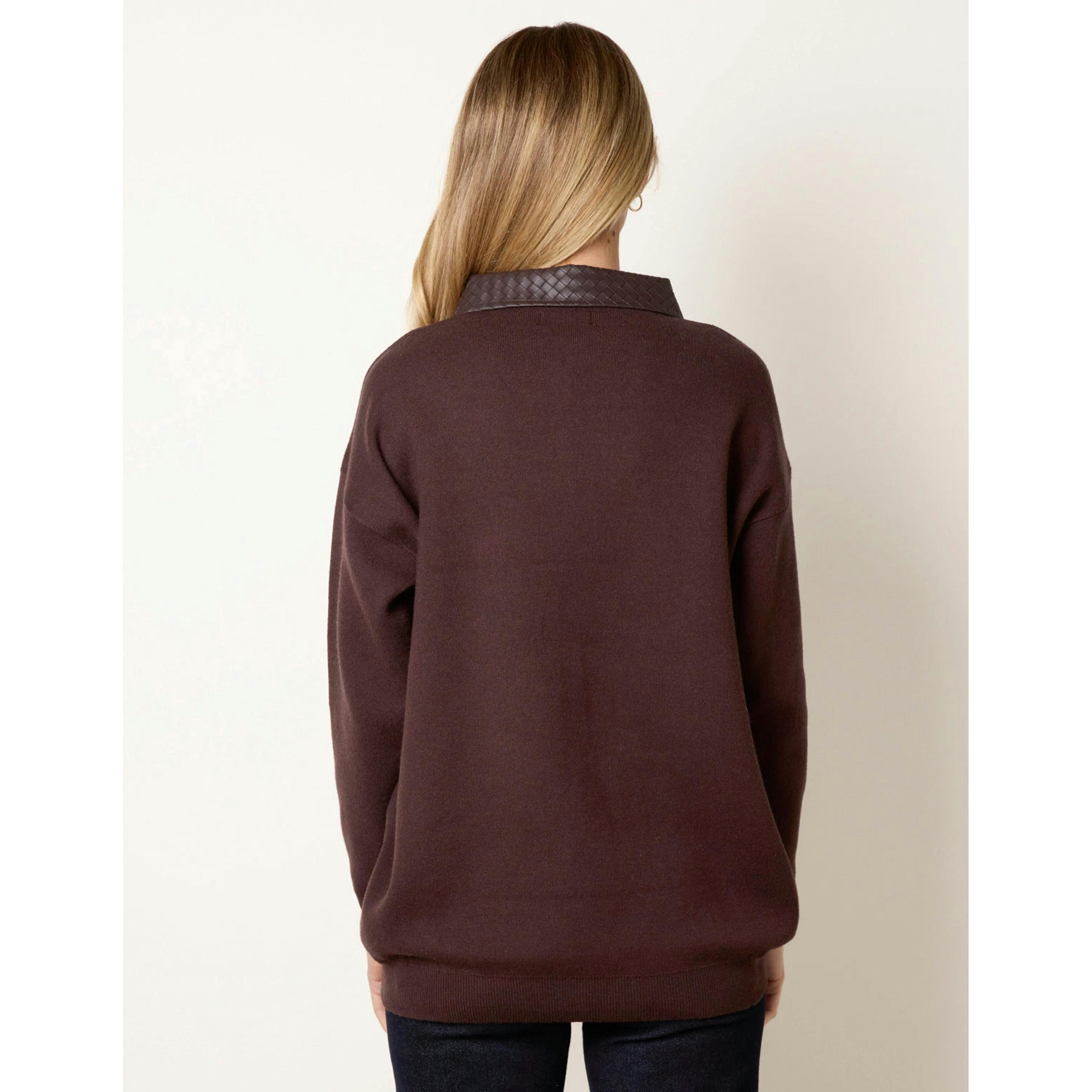 Blue Vanilla PU Woven Detailed Collar Knitted Polo Jumper  in Brown , view 2 of 4