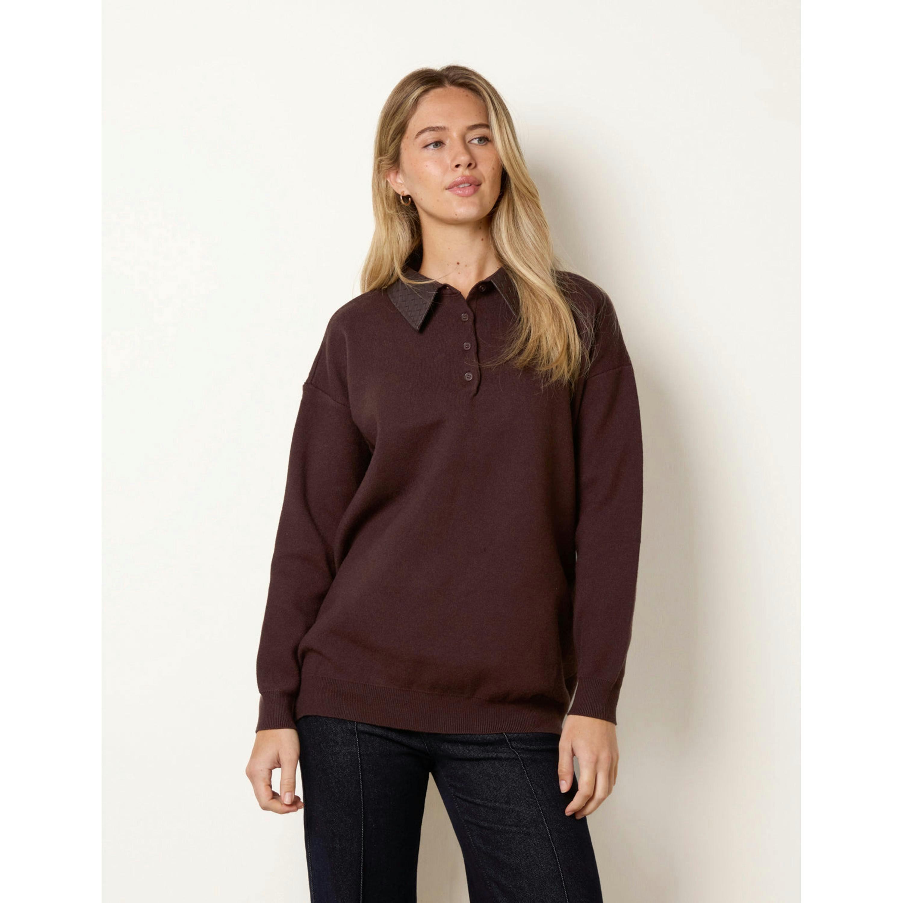 Blue Vanilla PU Woven Detailed Collar Knitted Polo Jumper  in Brown , view 3 of 4