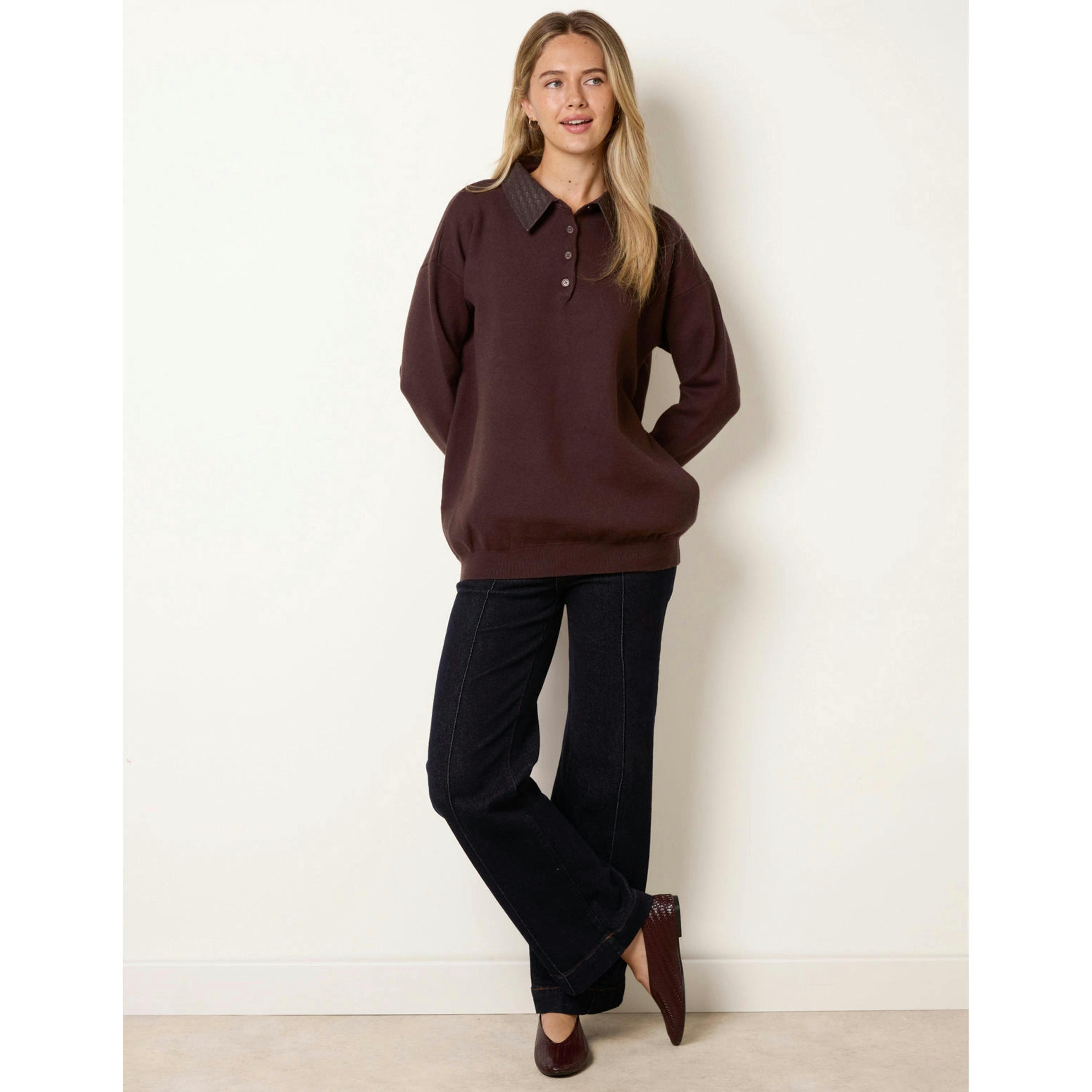 Blue Vanilla PU Woven Detailed Collar Knitted Polo Jumper  in Brown , view 4 of 4
