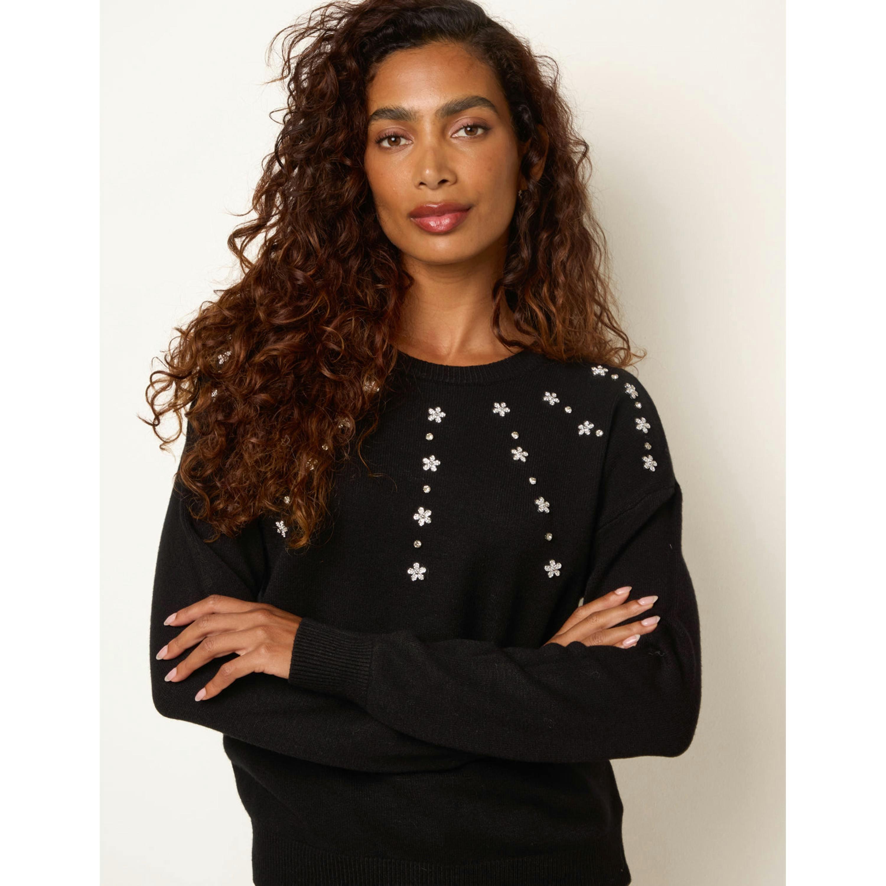 Blue Vanilla Diamante Round Neck Jumper  in Black , view 3 of 4