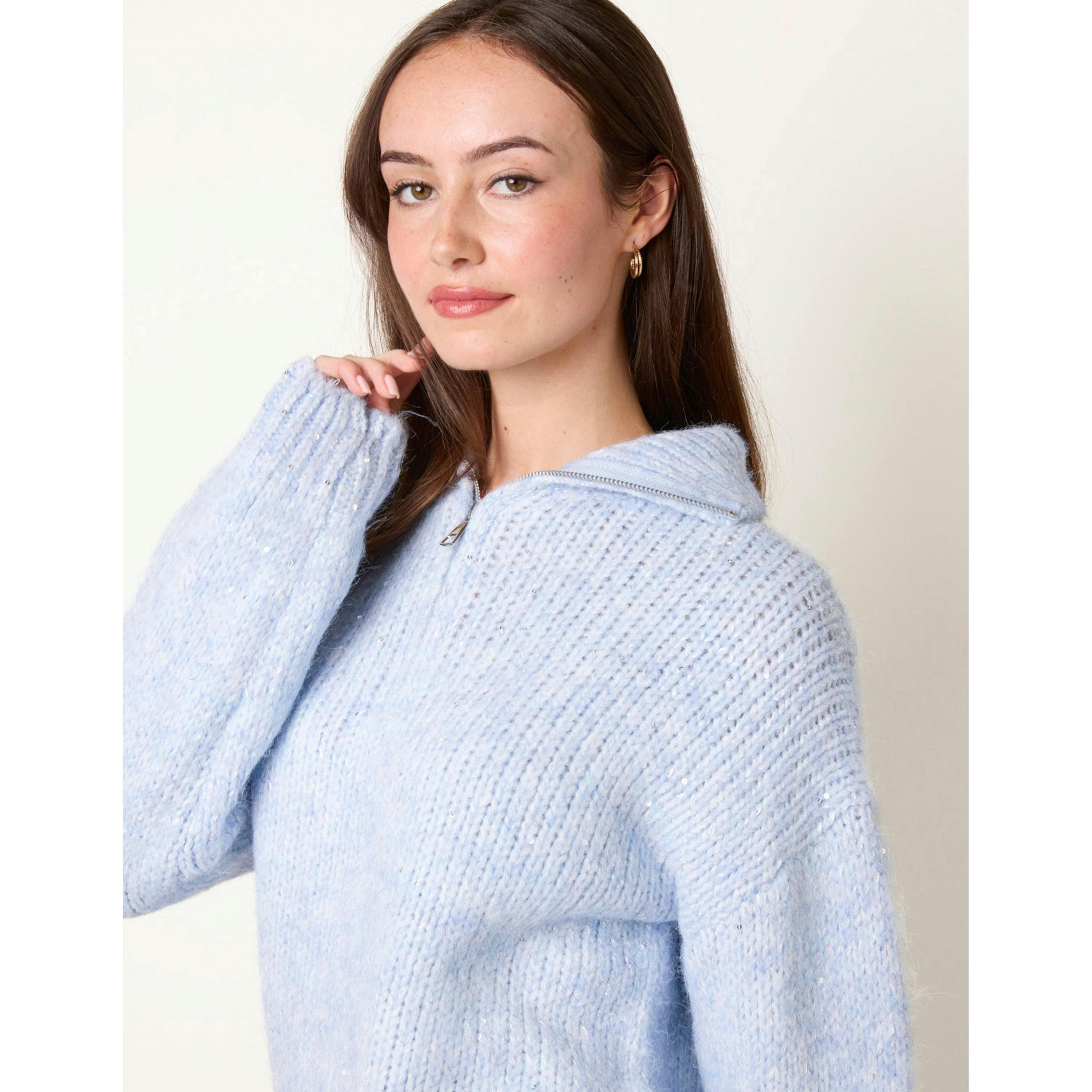 Blue Vanilla Zip Neck Glitter Detail Jumper  in Blue , view 3 of 4