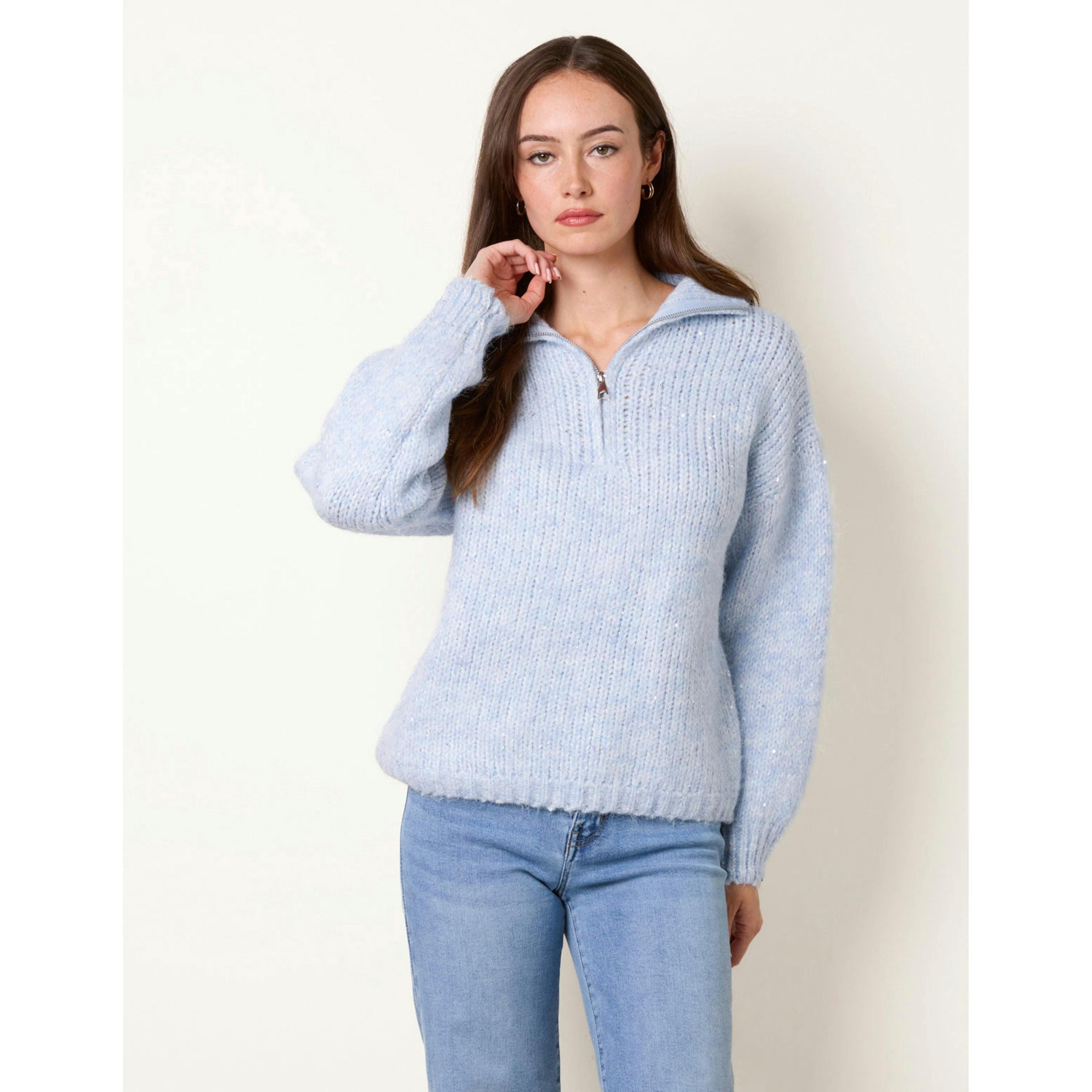 Blue Vanilla Zip Neck Glitter Detail Jumper  in Blue , view 4 of 4