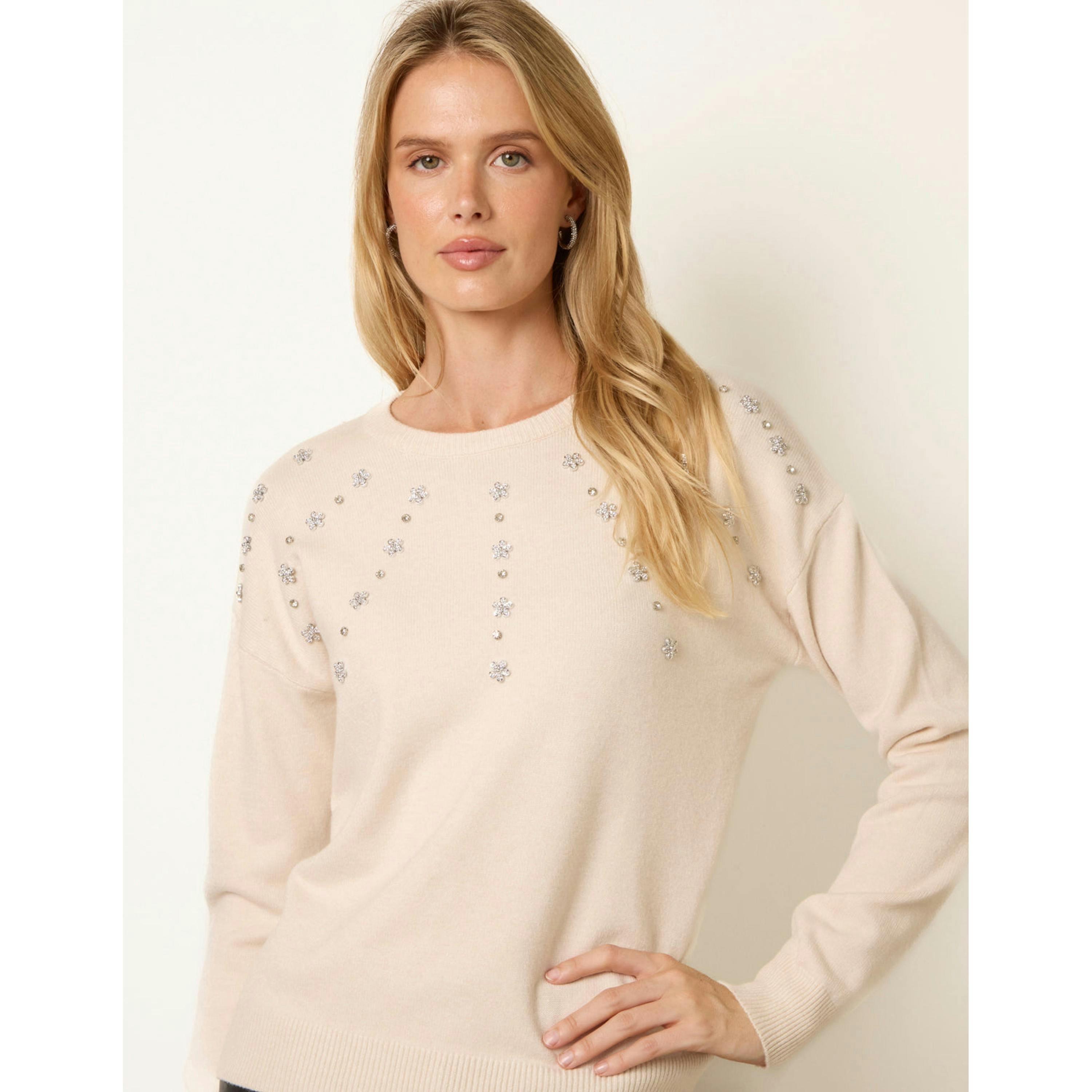 Blue Vanilla Diamante Round Neck Jumper  in Stone , view 4 of 4