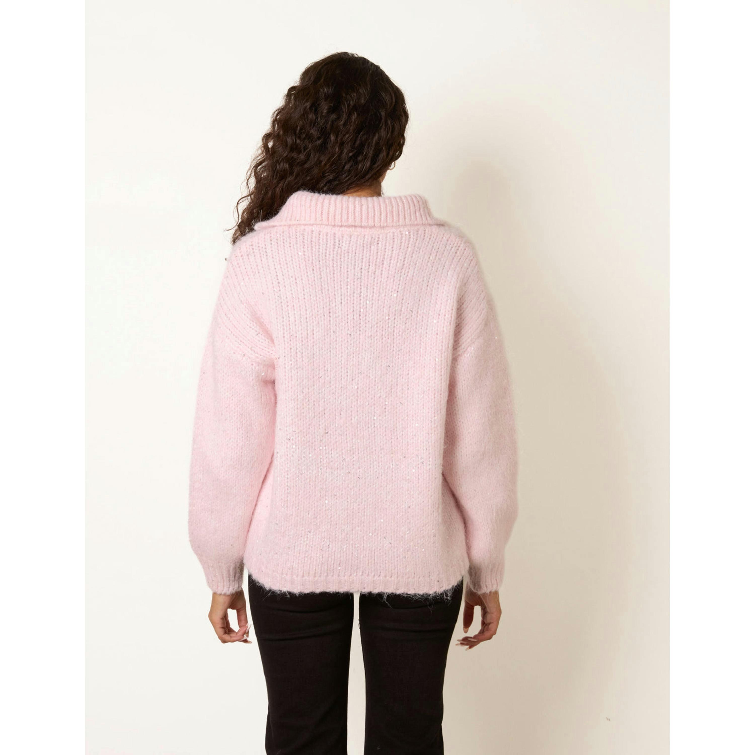 Blue Vanilla Zip Neck Glitter Detail Jumper  in Pink , view 2 of 4