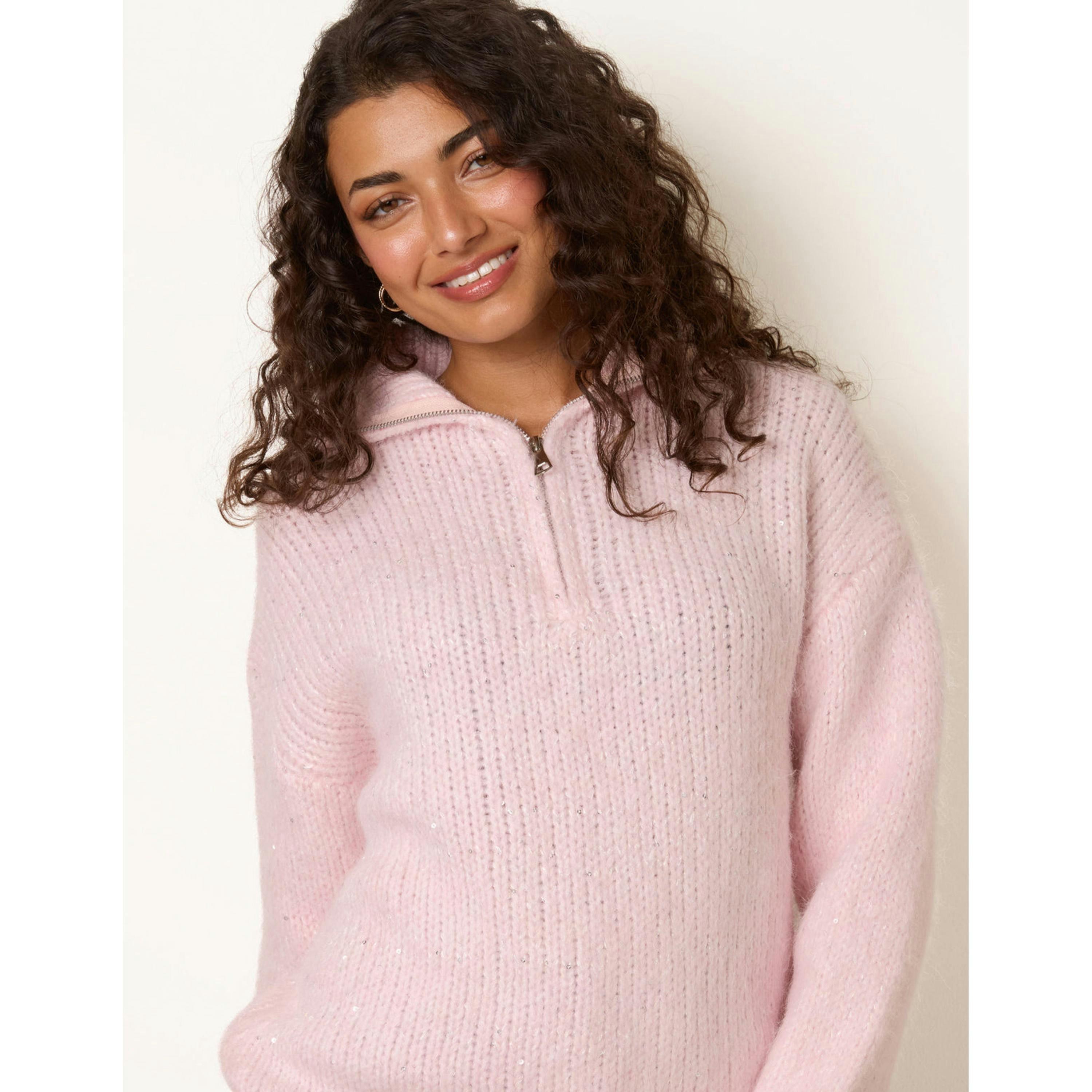Blue Vanilla Zip Neck Glitter Detail Jumper  in Pink , view 3 of 4