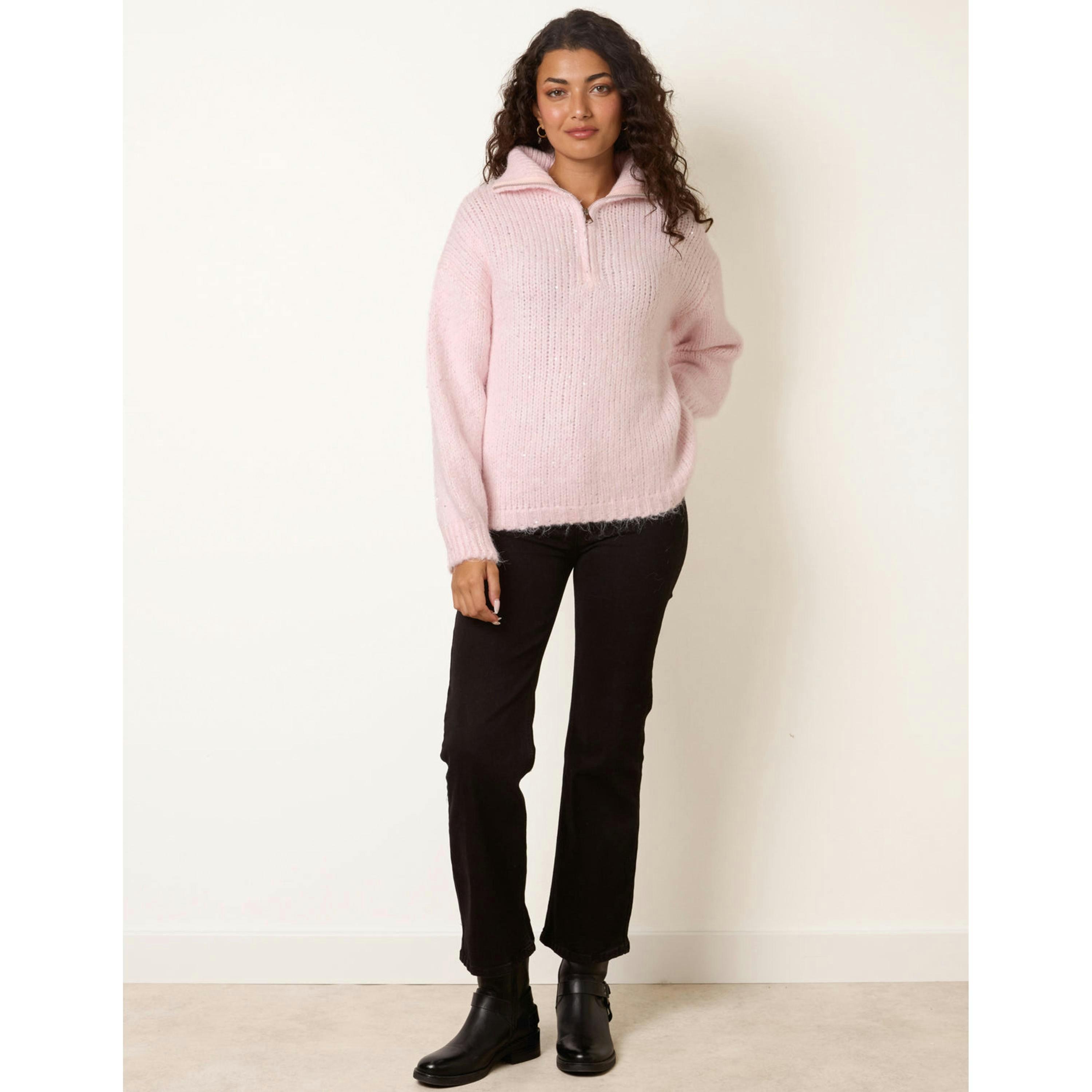 Blue Vanilla Zip Neck Glitter Detail Jumper  in Pink , view 4 of 4