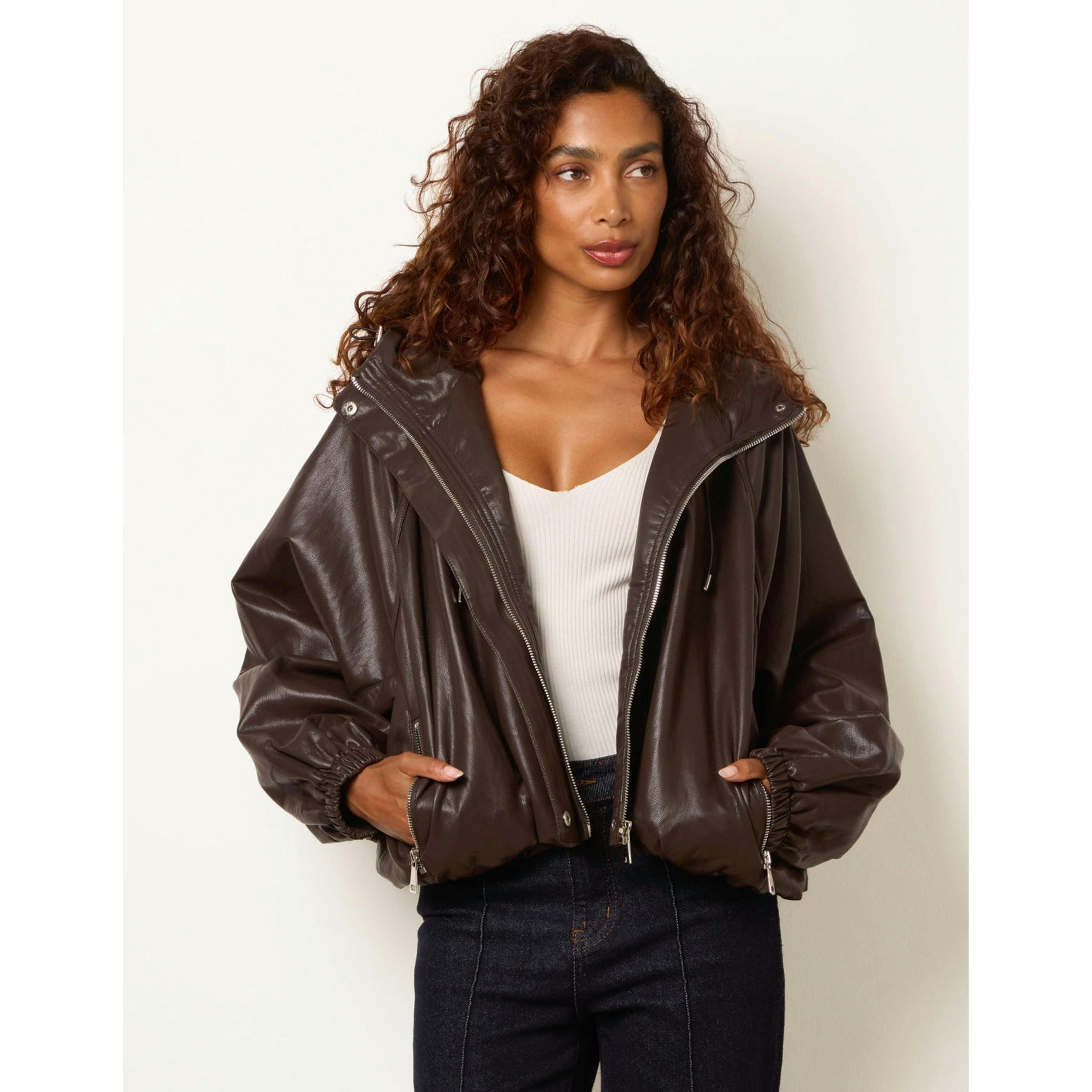 Blue Vanilla Hooded Leather Look Bomber Jacket  in Brown , view 2 of 4