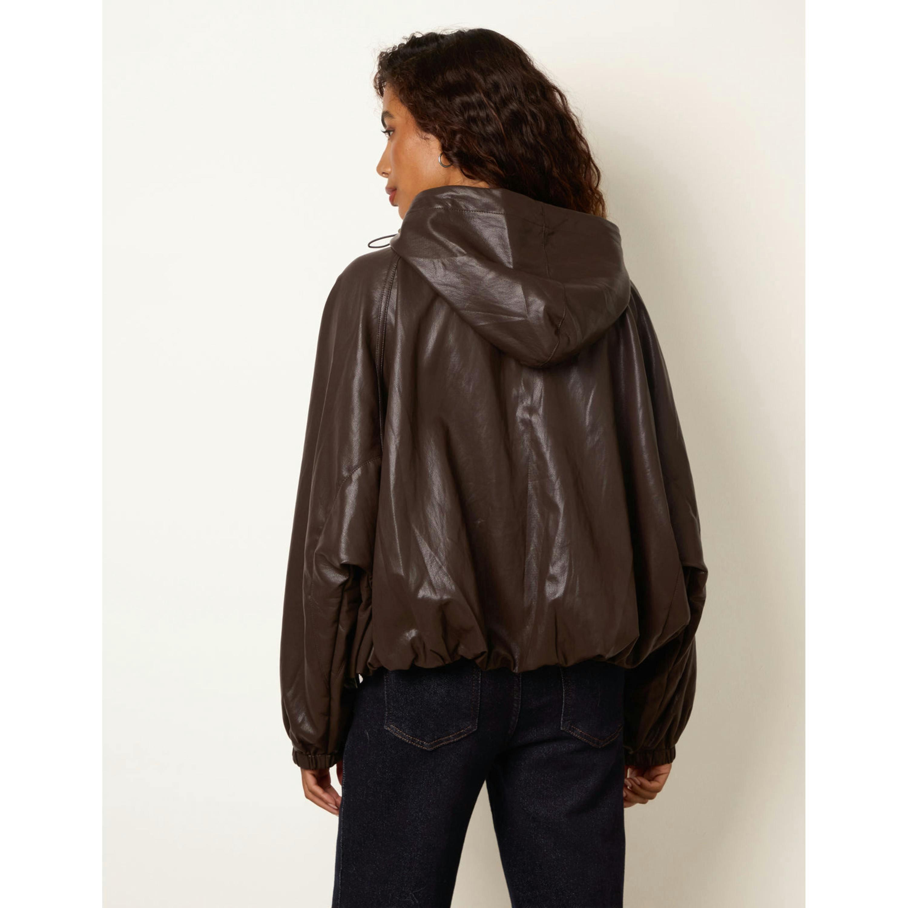 Blue Vanilla Hooded Leather Look Bomber Jacket  in Brown , view 4 of 4