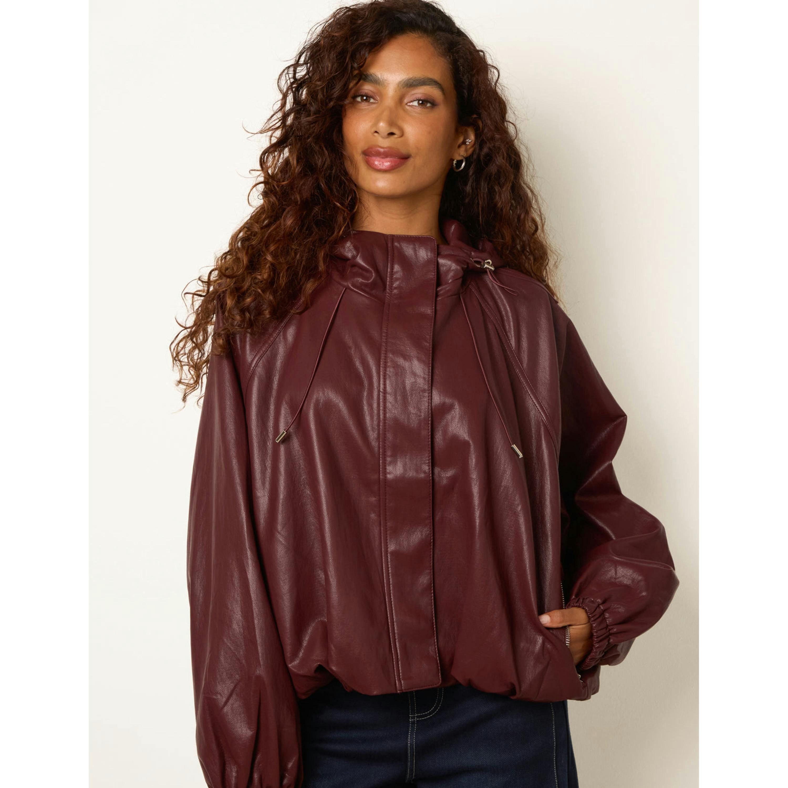 Blue Vanilla Hooded Leather Look Bomber Jacket  in Wine , view 2 of 4