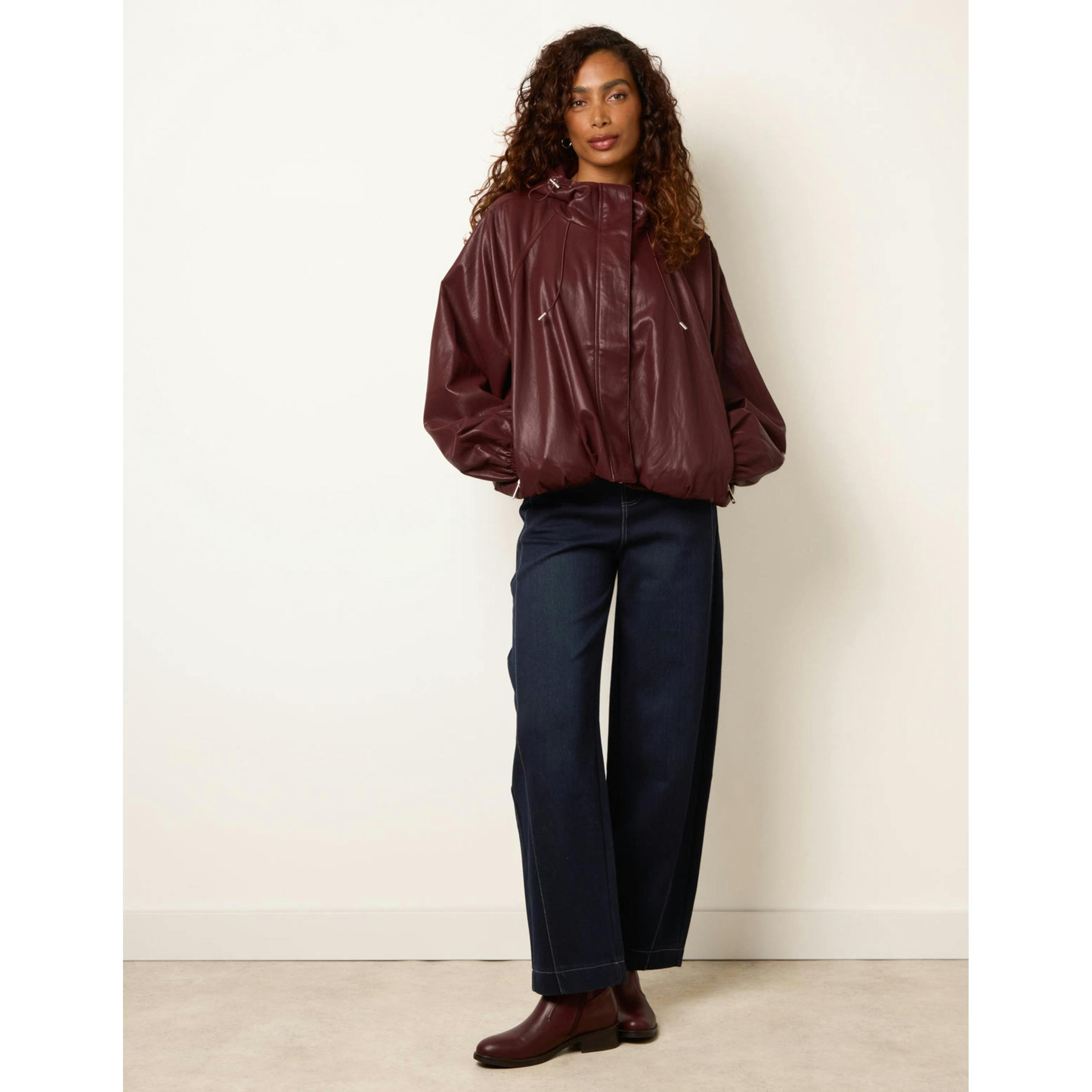 Blue Vanilla Hooded Leather Look Bomber Jacket  in Wine , view 3 of 4