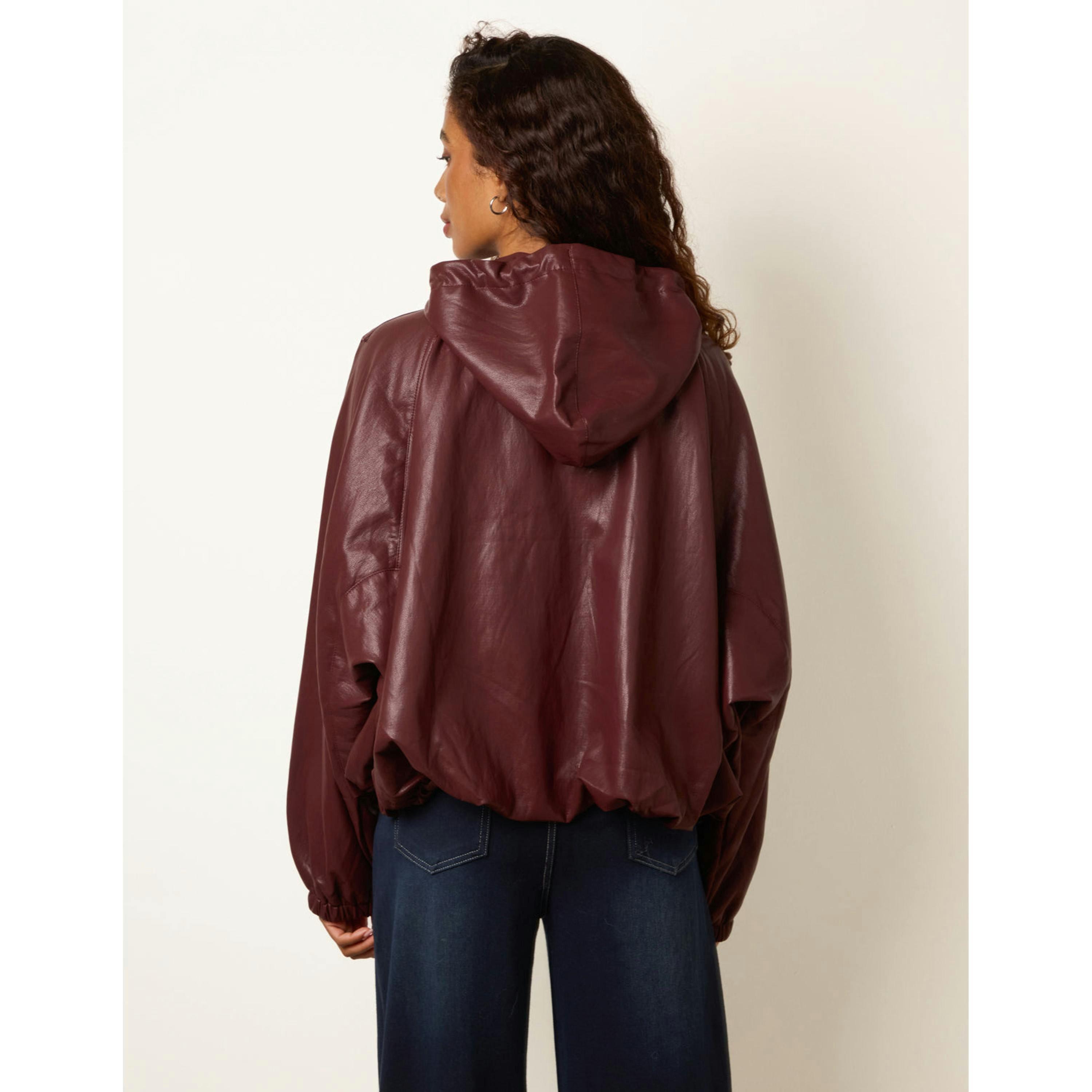Blue Vanilla Hooded Leather Look Bomber Jacket  in Wine , view 4 of 4