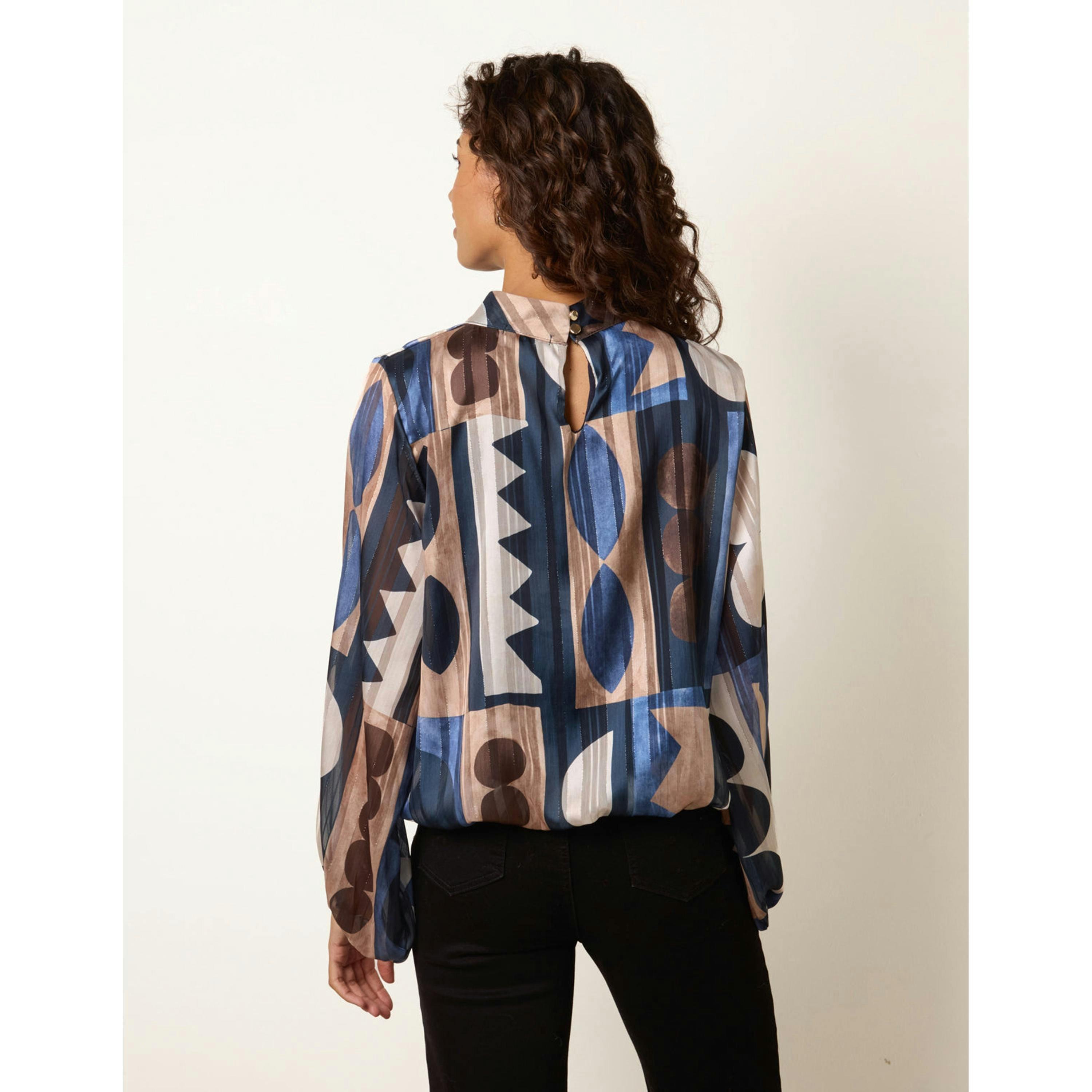 Blue Vanilla Geometric Print Scoop Neck Long Sleeve Blouse  in Navy , view 2 of 4