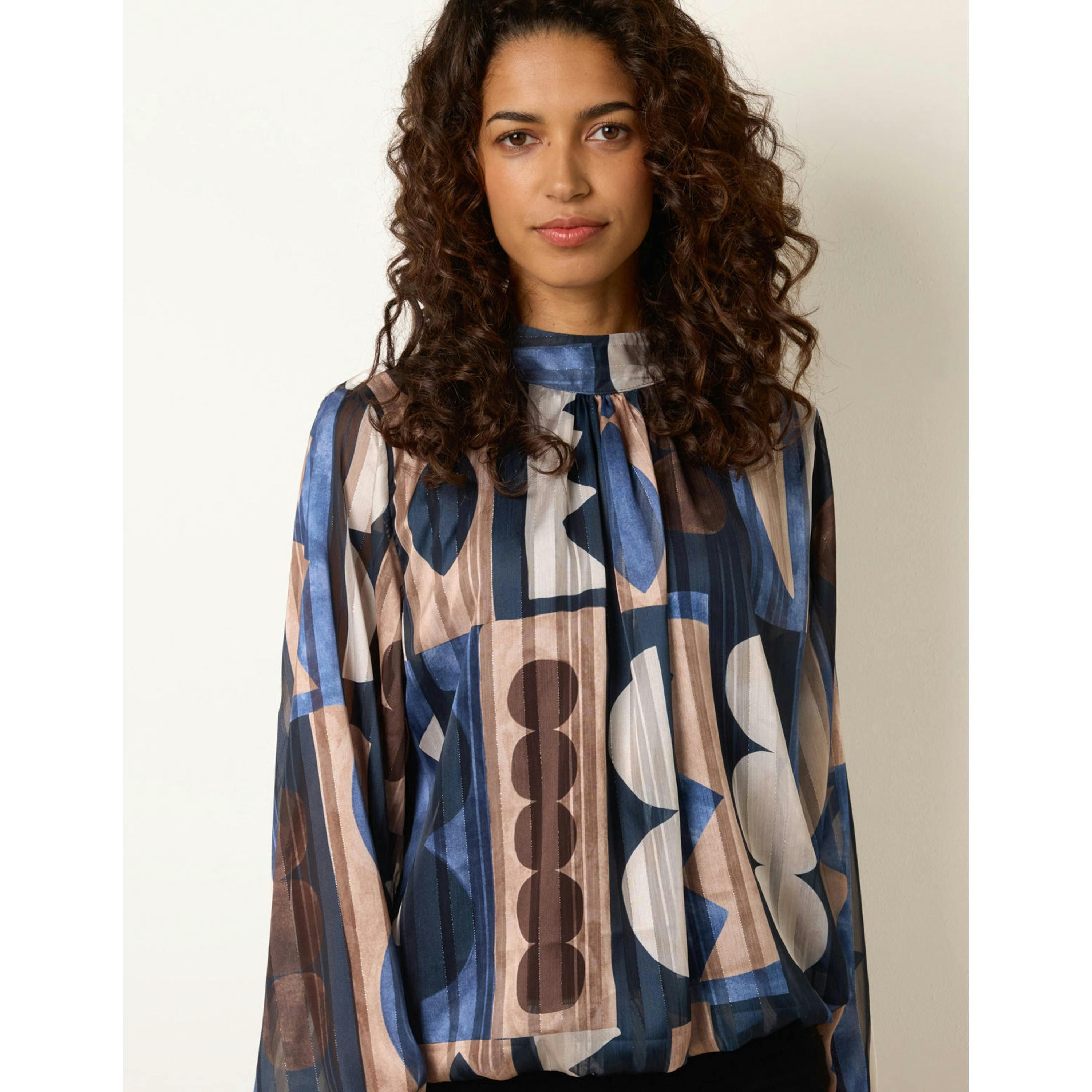 Blue Vanilla Geometric Print Scoop Neck Long Sleeve Blouse  in Navy , view 3 of 4