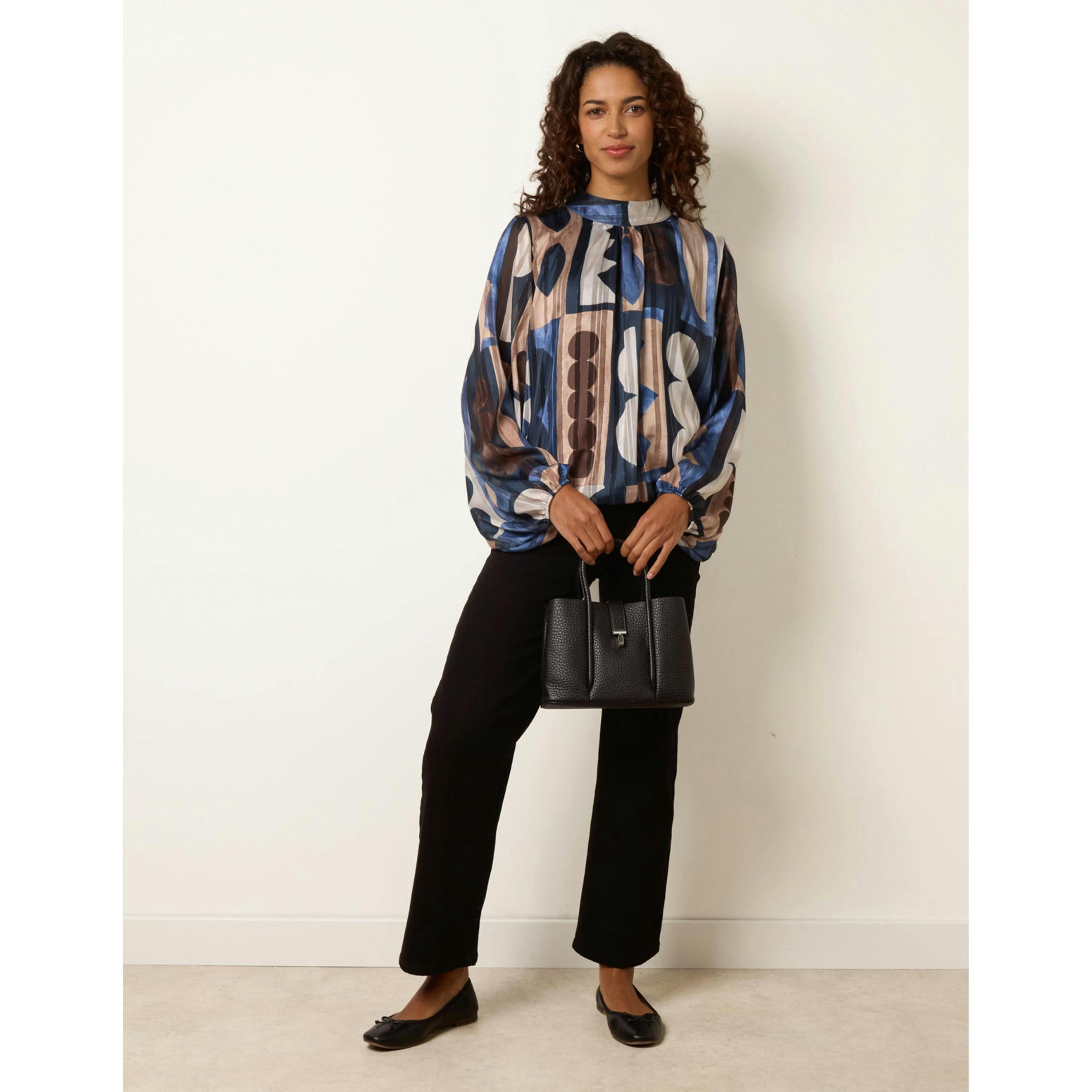 Blue Vanilla Geometric Print Scoop Neck Long Sleeve Blouse  in Navy , view 4 of 4