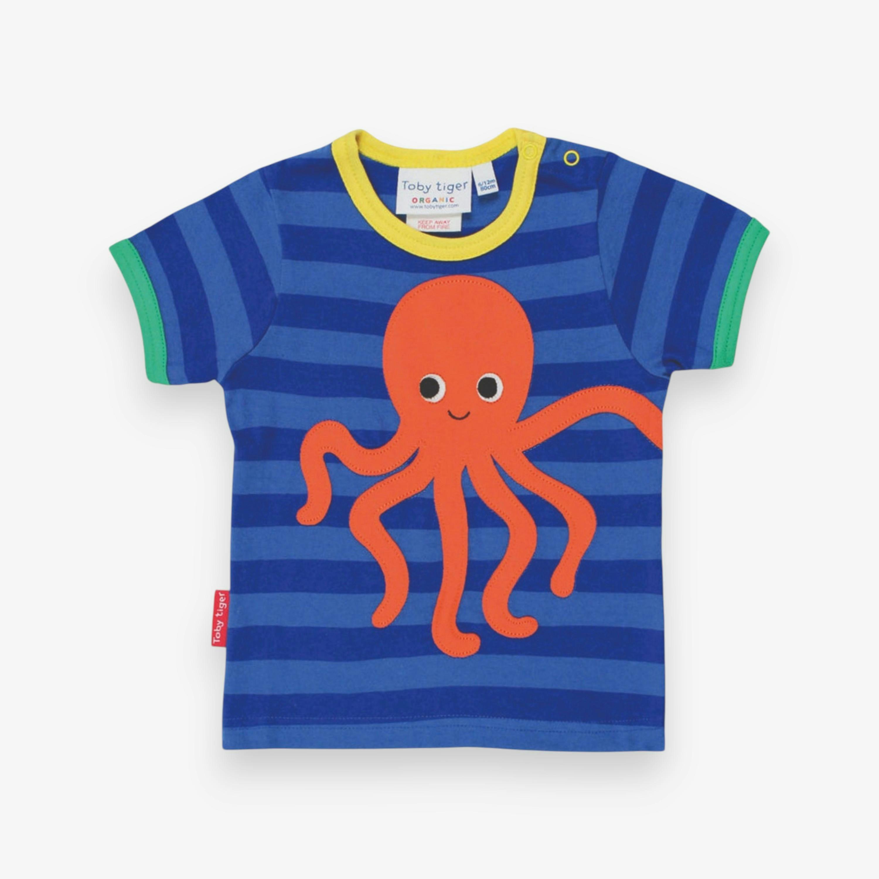 Organic Octopus Applique Dark Blue Striped Short-Sleeved T-Shirt , view 1 of 3