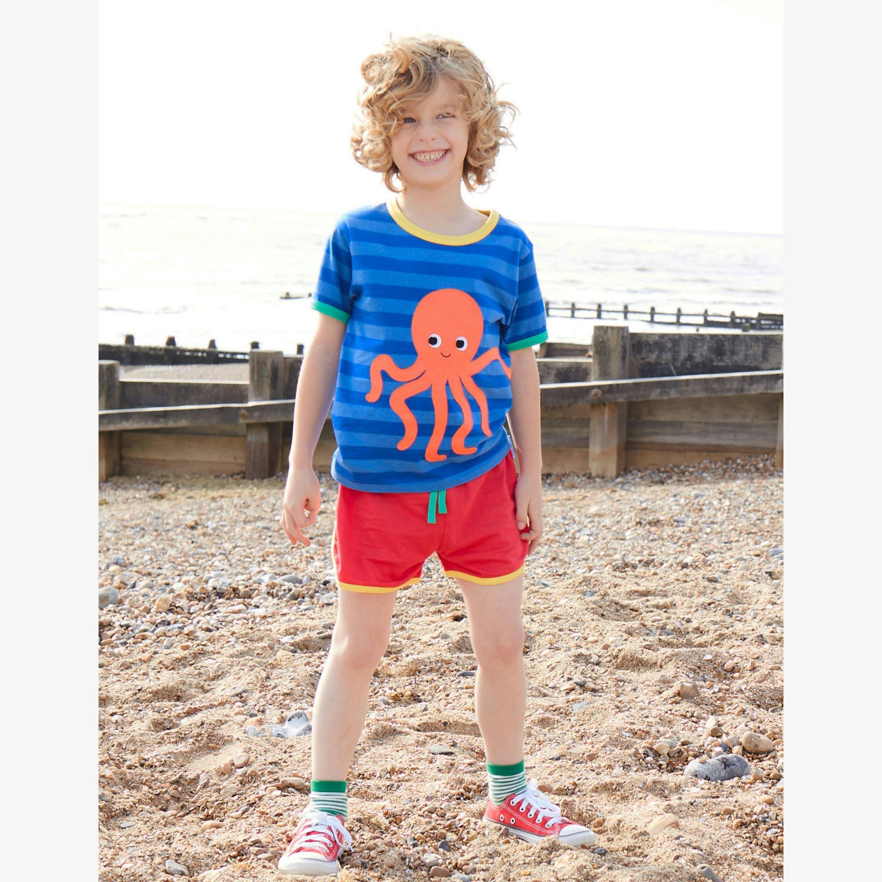 Organic Octopus Applique Dark Blue Striped Short-Sleeved T-Shirt , view 2 of 3