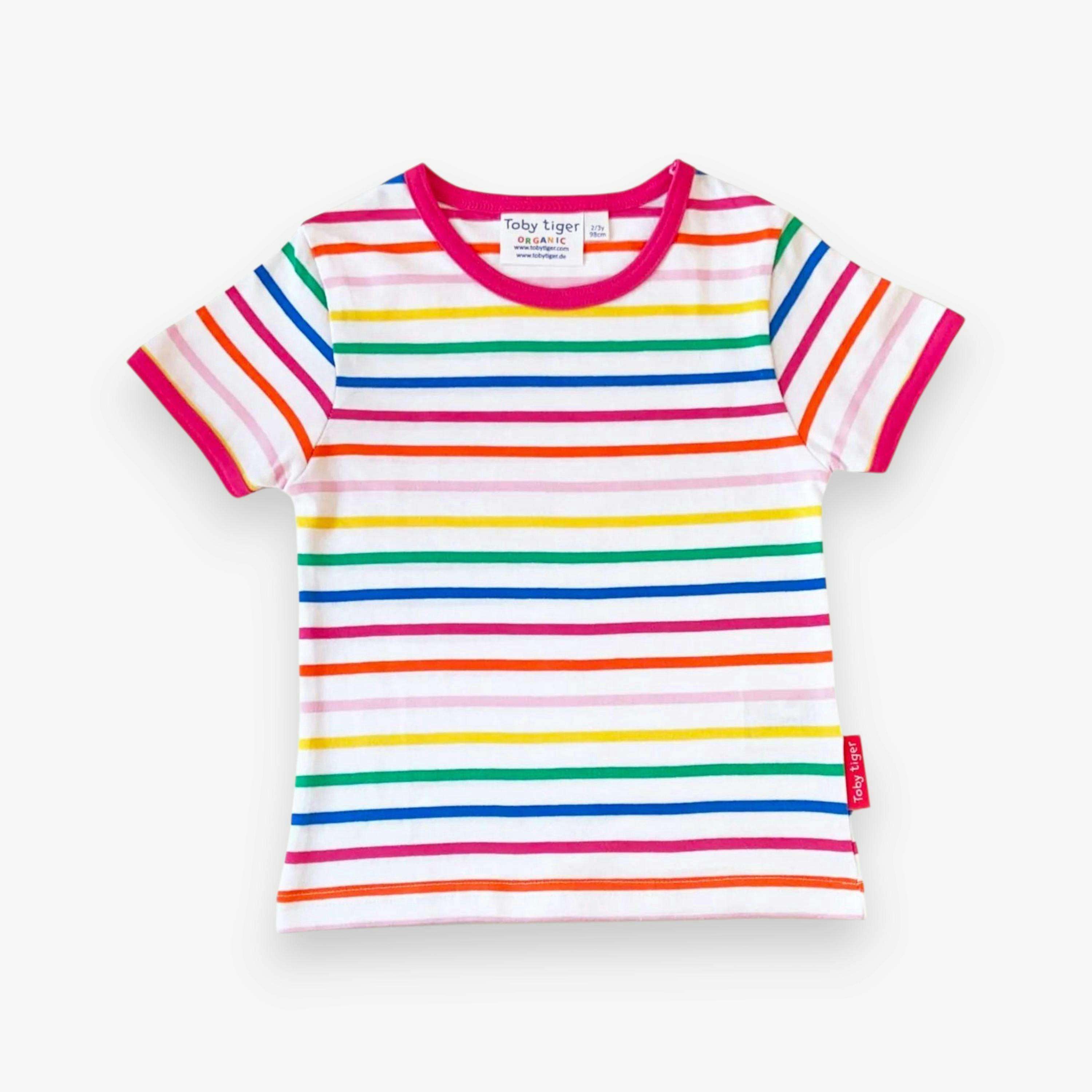 Organic Pink Rainbow Stripe Print Short-Sleeved T-Shirt , view 1 of 3