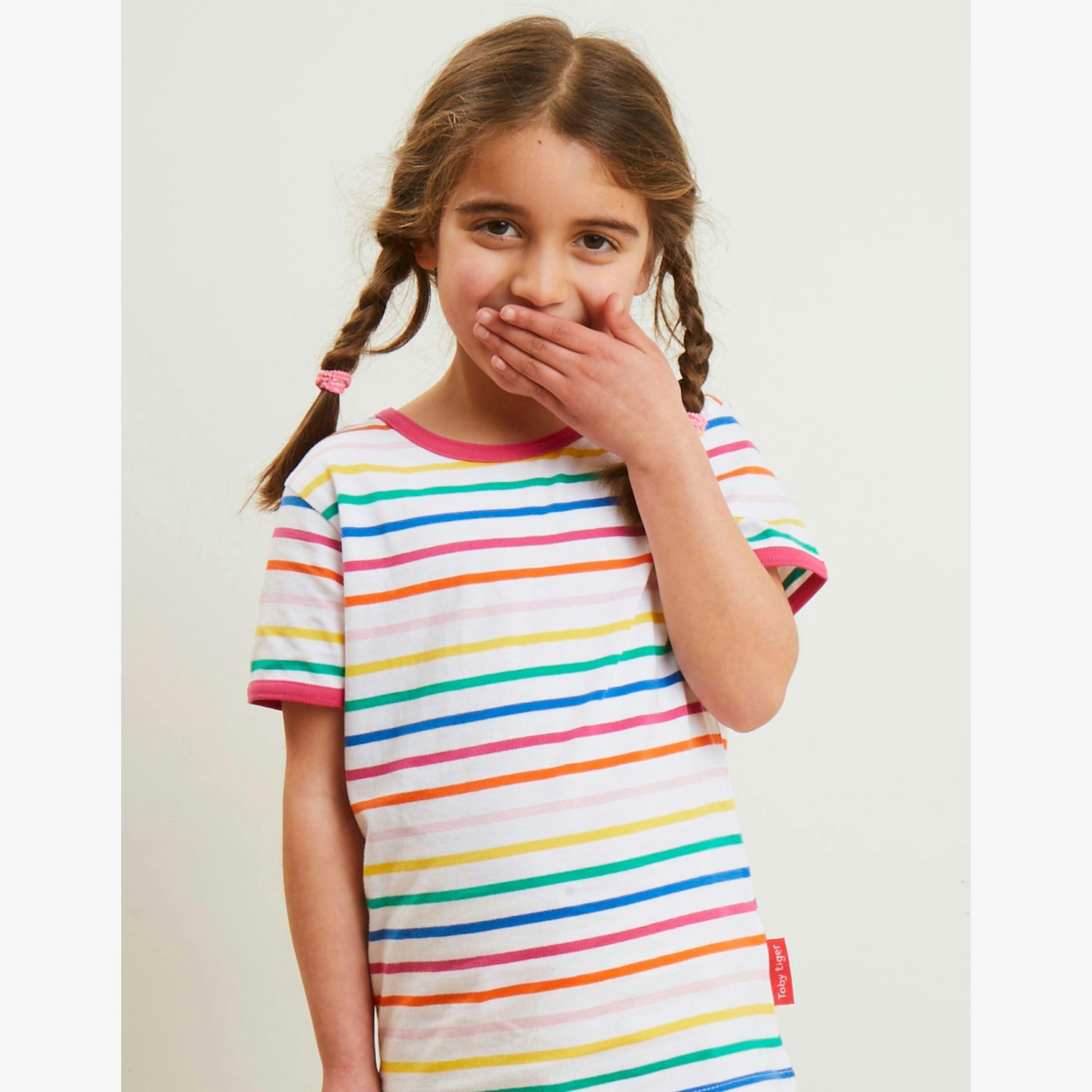 Organic Pink Rainbow Stripe Print Short-Sleeved T-Shirt , view 2 of 3