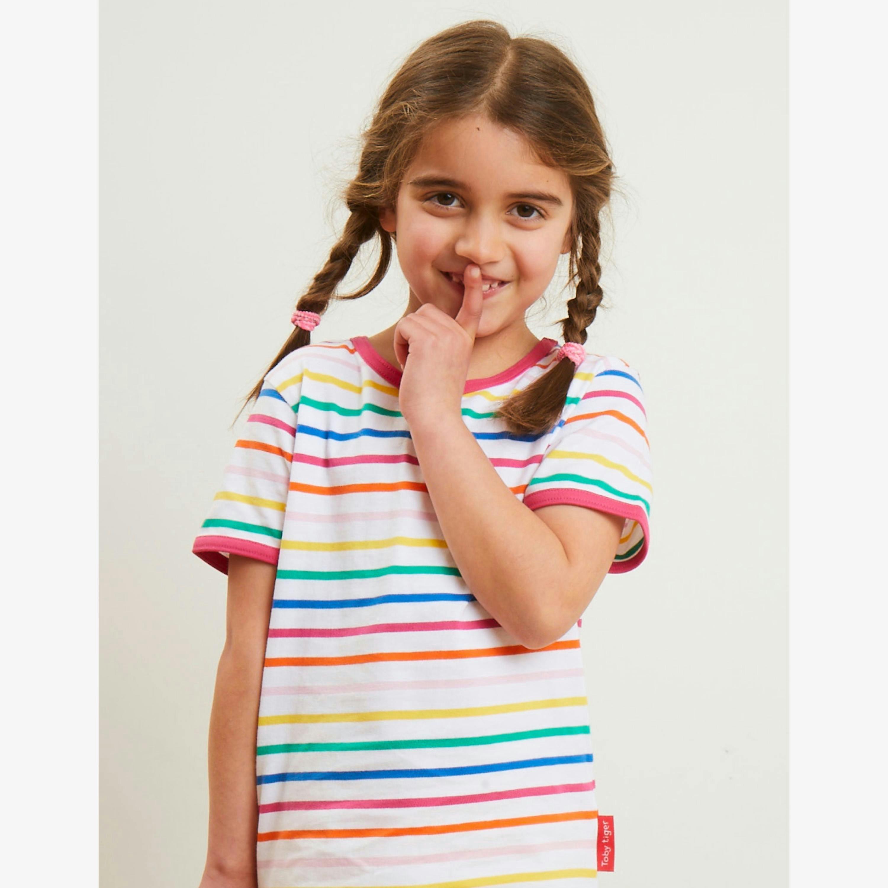 Organic Pink Rainbow Stripe Print Short-Sleeved T-Shirt , view 3 of 3