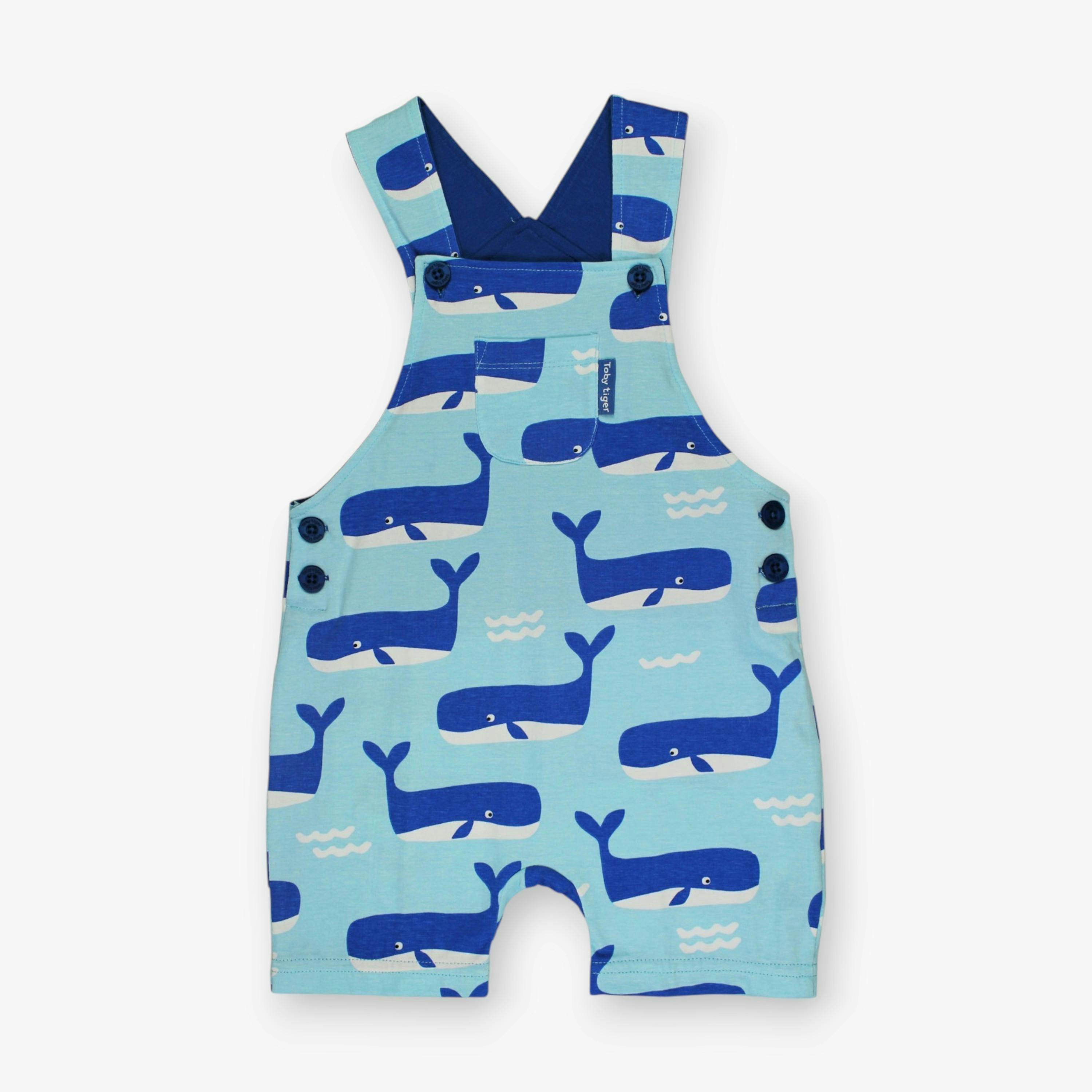 Organic Whale Waves Print Dungaree Shorts , view 1 of 3