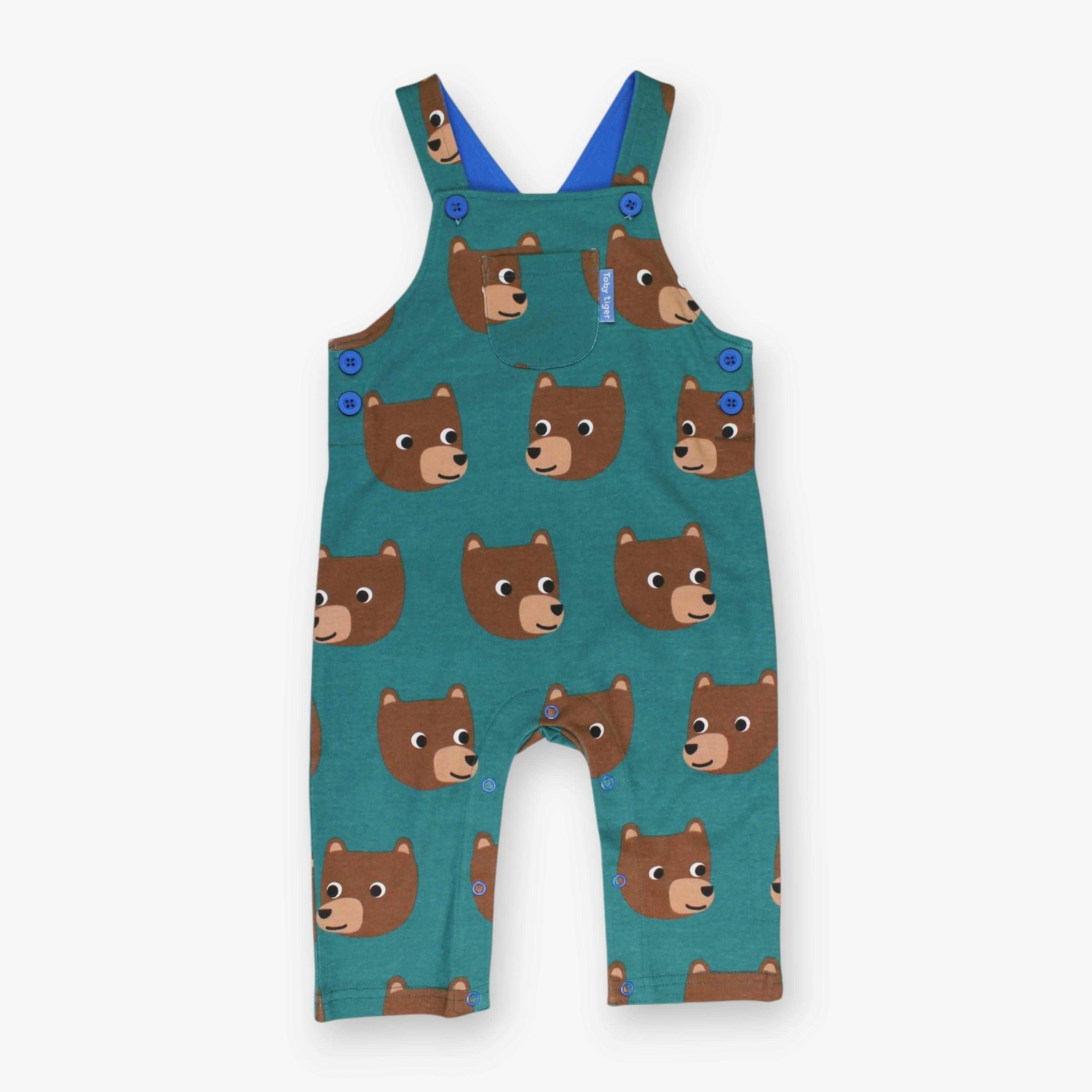 Organic Brown Bear Print Dungarees , view 1 of 3