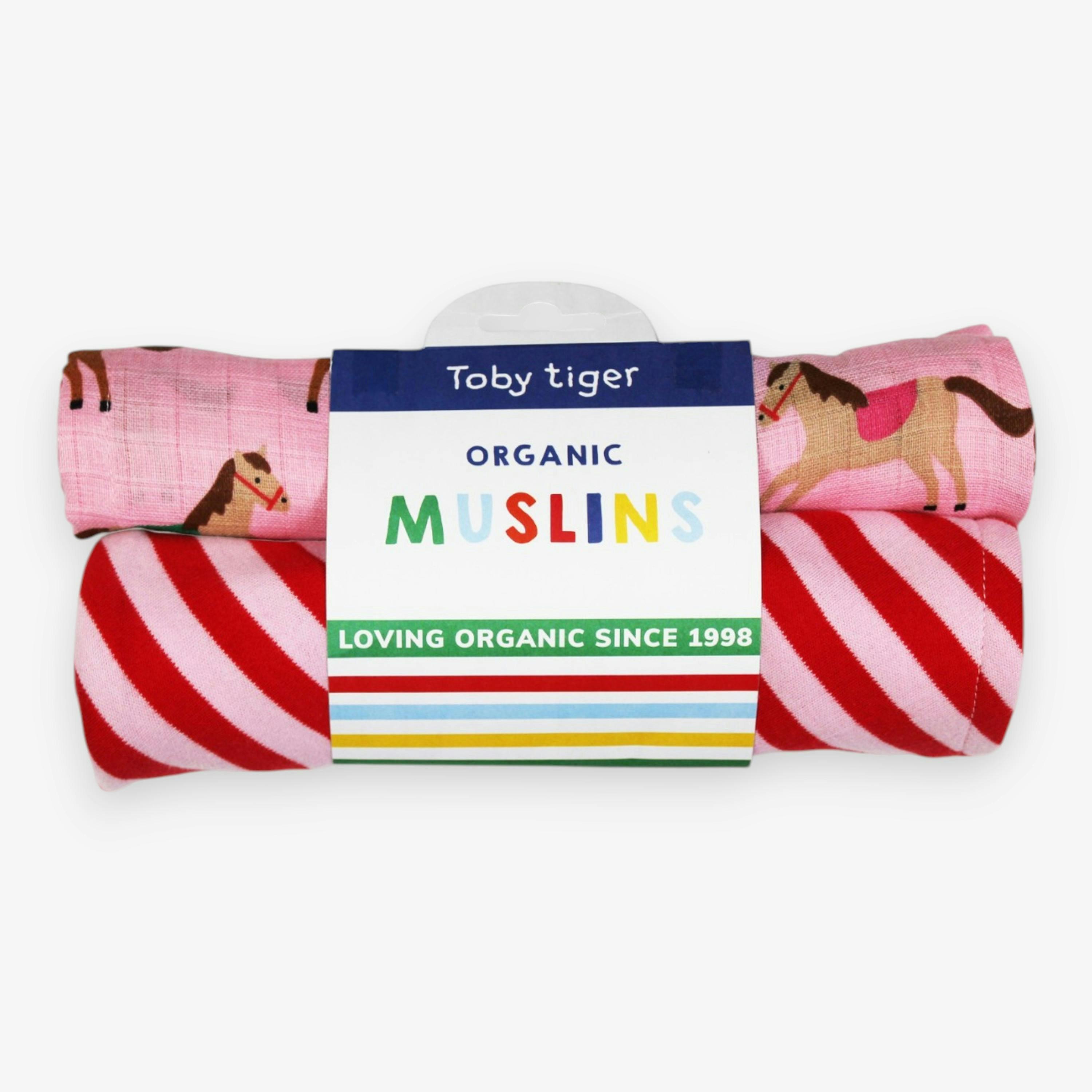 Organic Pink Horse and Pony Print 2 Pack Muslin , view 1 of 3