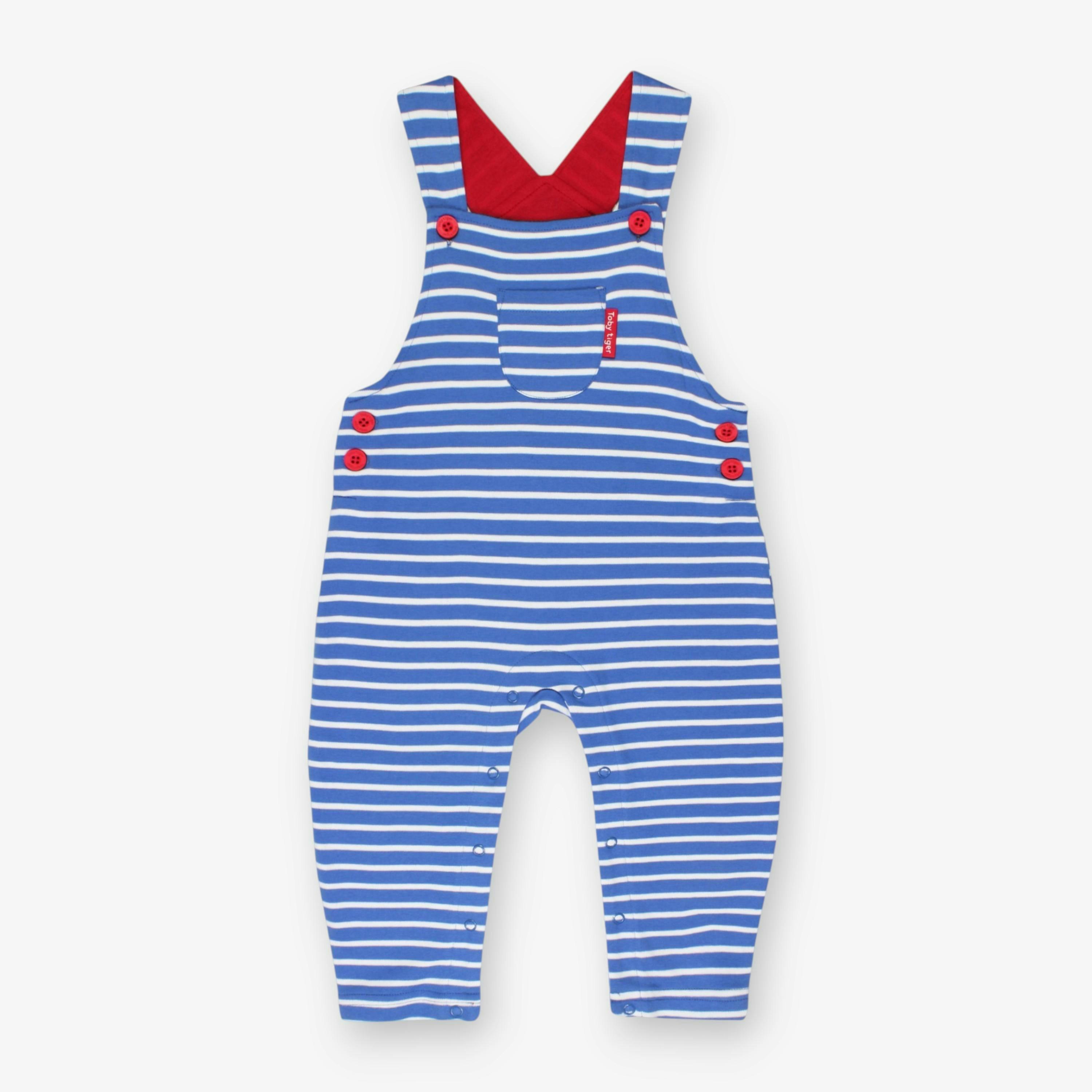 Organic Blue Breton Stripe Dungarees , view 1 of 2
