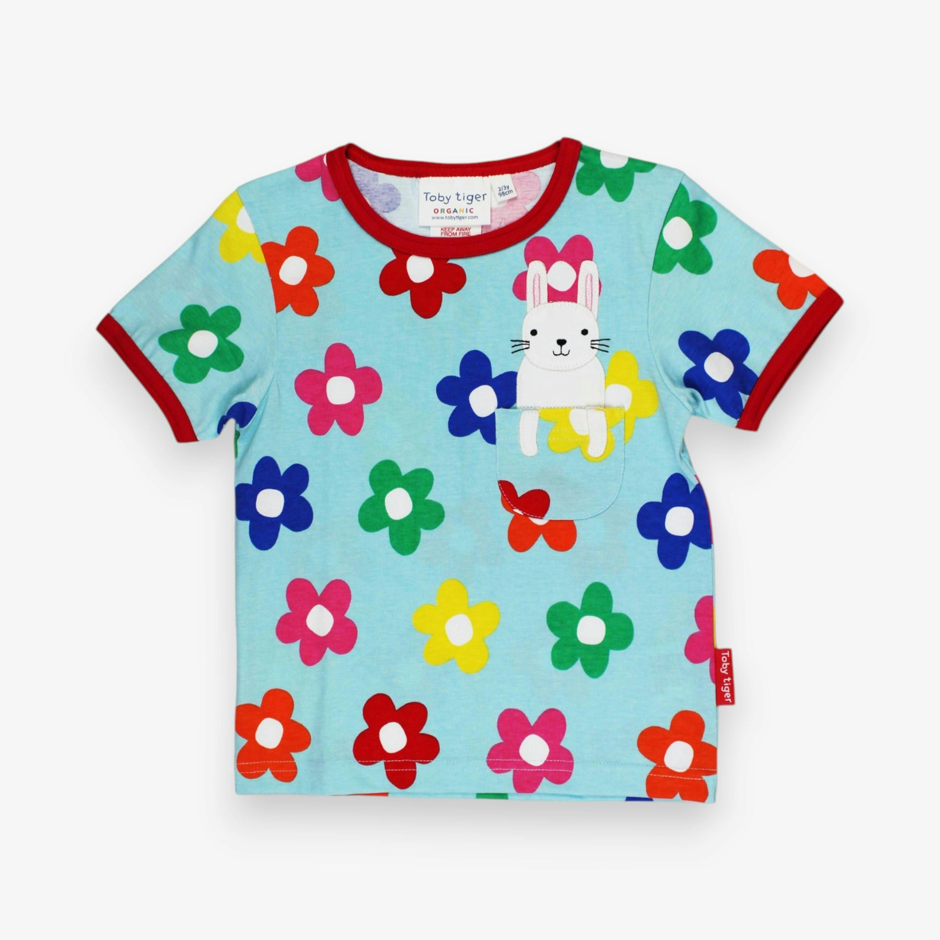 Organic Rainbow Bloom Bunny Pocket Applique Short-Sleeved T-Shirt , view 1 of 3
