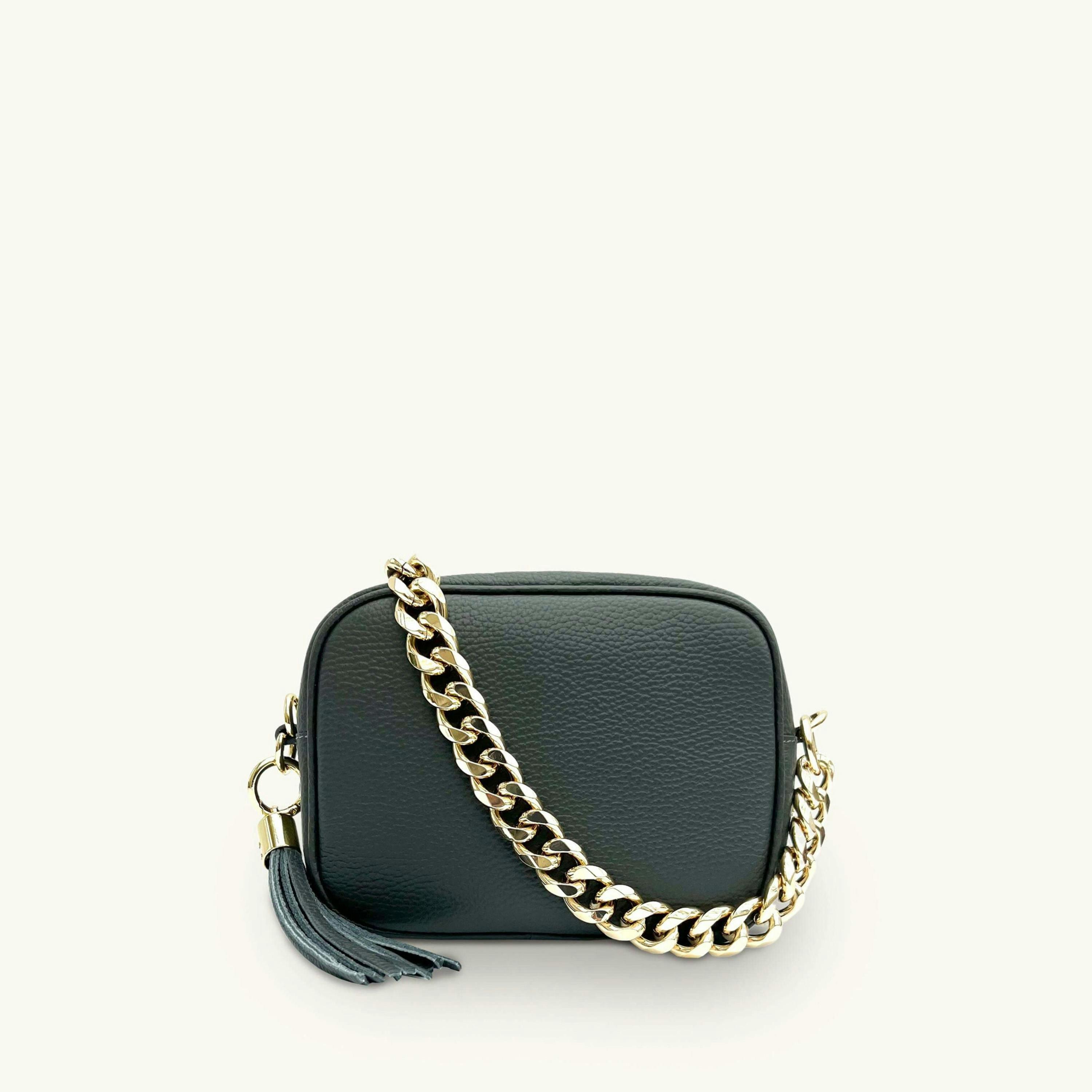 The Tassel Leather Crossbody Bag With Gold Chain Strap , view 1 of 6