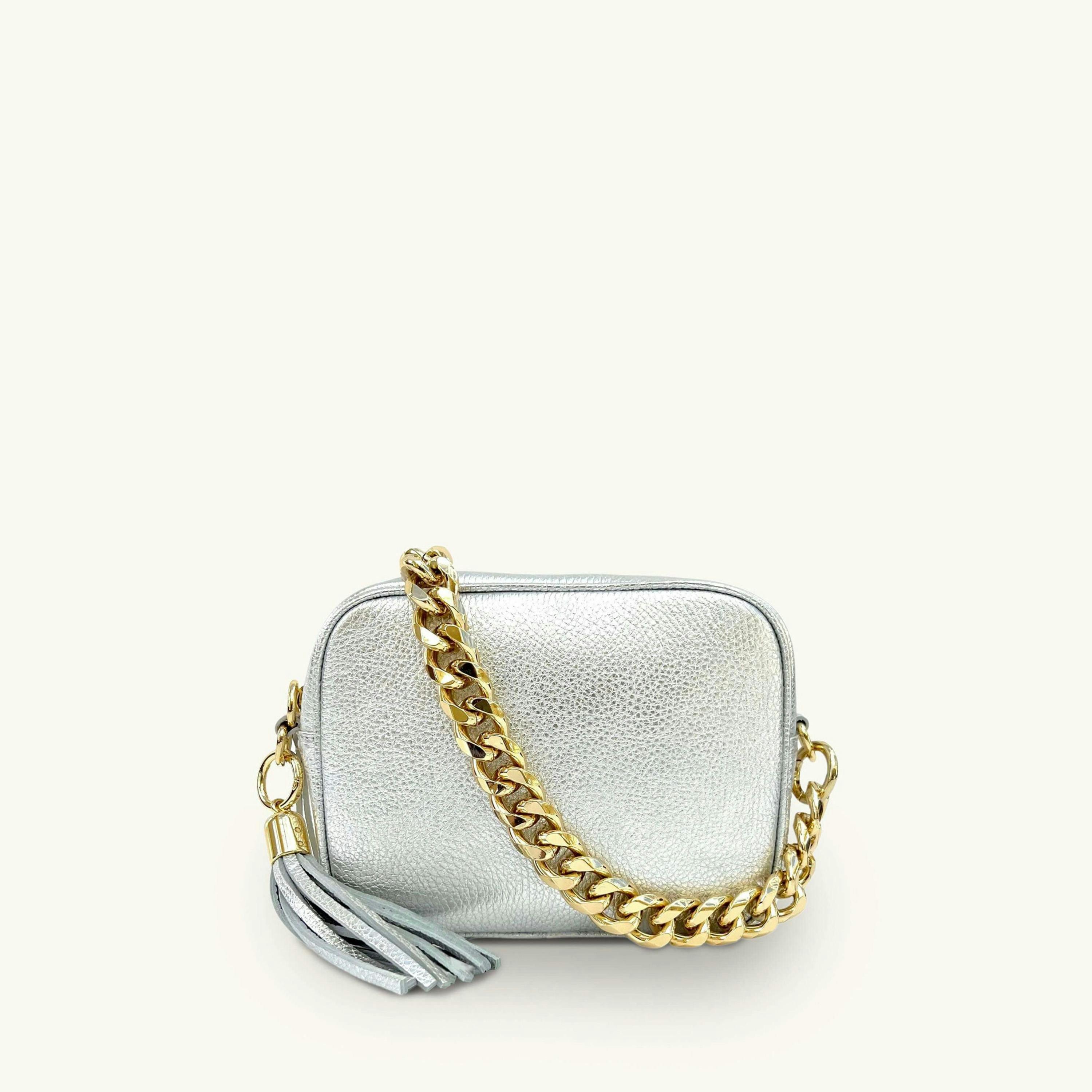 The Tassel Leather Crossbody Bag With Gold Chain Strap , view 1 of 6
