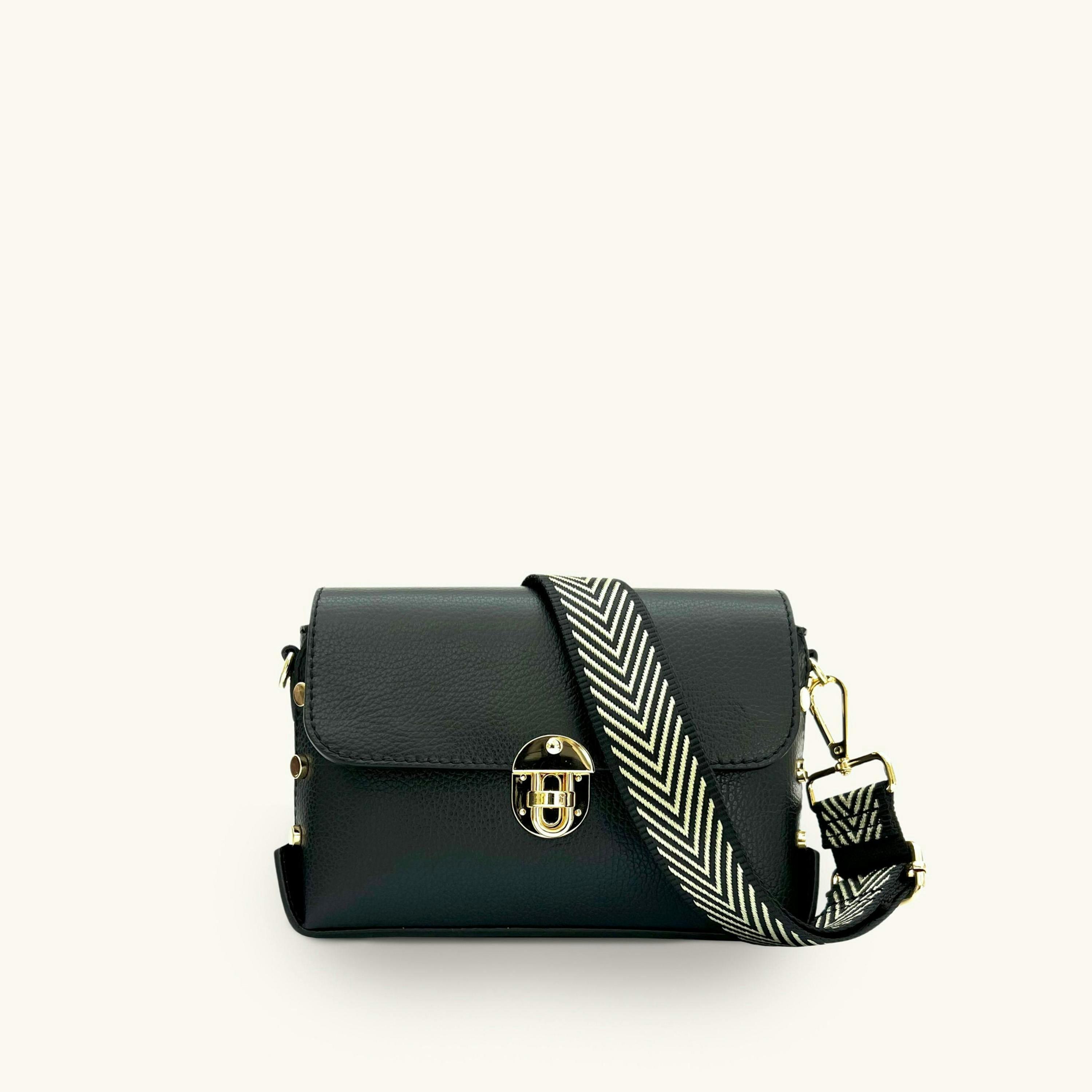 The Bloxsome Leather Crossbody Bag With Black & Gold Chevron Strap , view 1 of 6