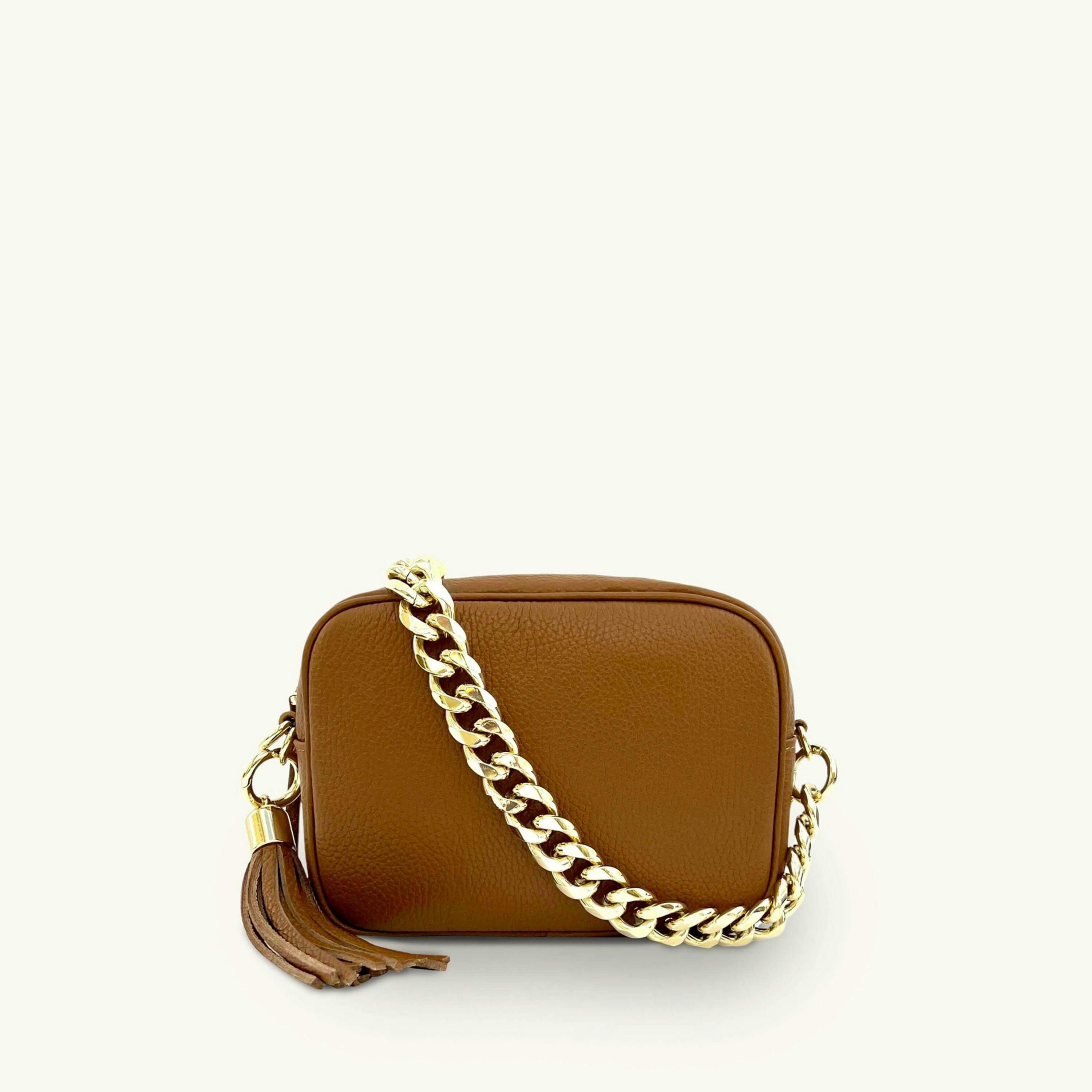 The Tassel Leather Crossbody Bag With Gold Chain Strap , view 1 of 6