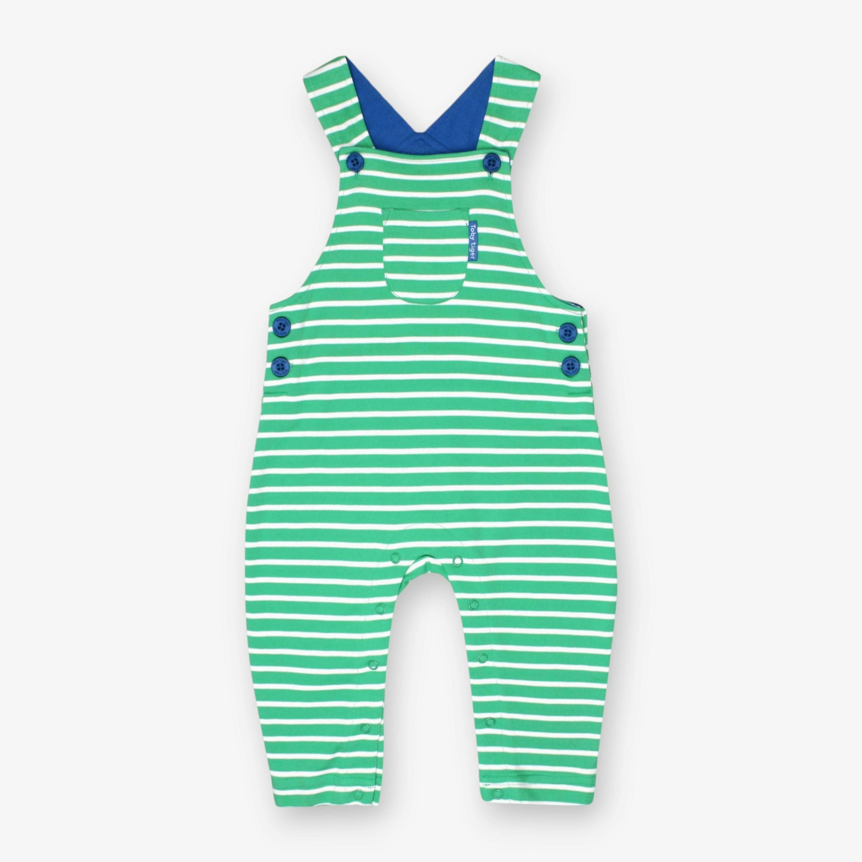 Organic Green Breton Stripe Dungarees , view 1 of 2