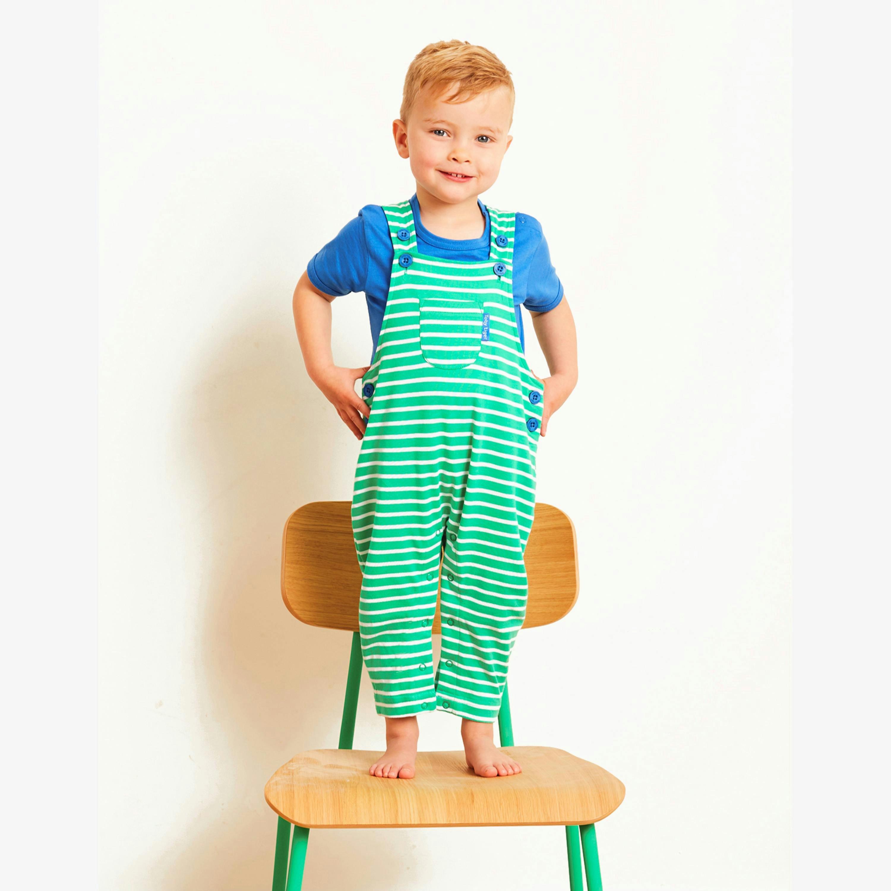 Organic Green Breton Stripe Dungarees , view 2 of 2