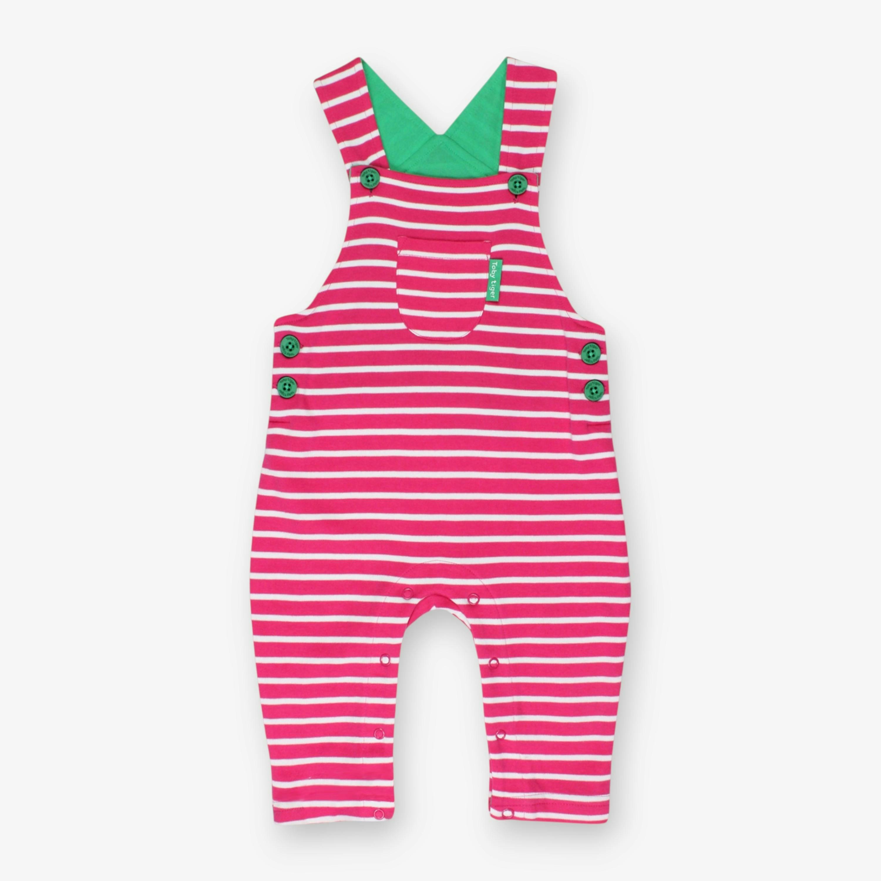 Organic Pink Breton Stripe Dungarees , view 1 of 2