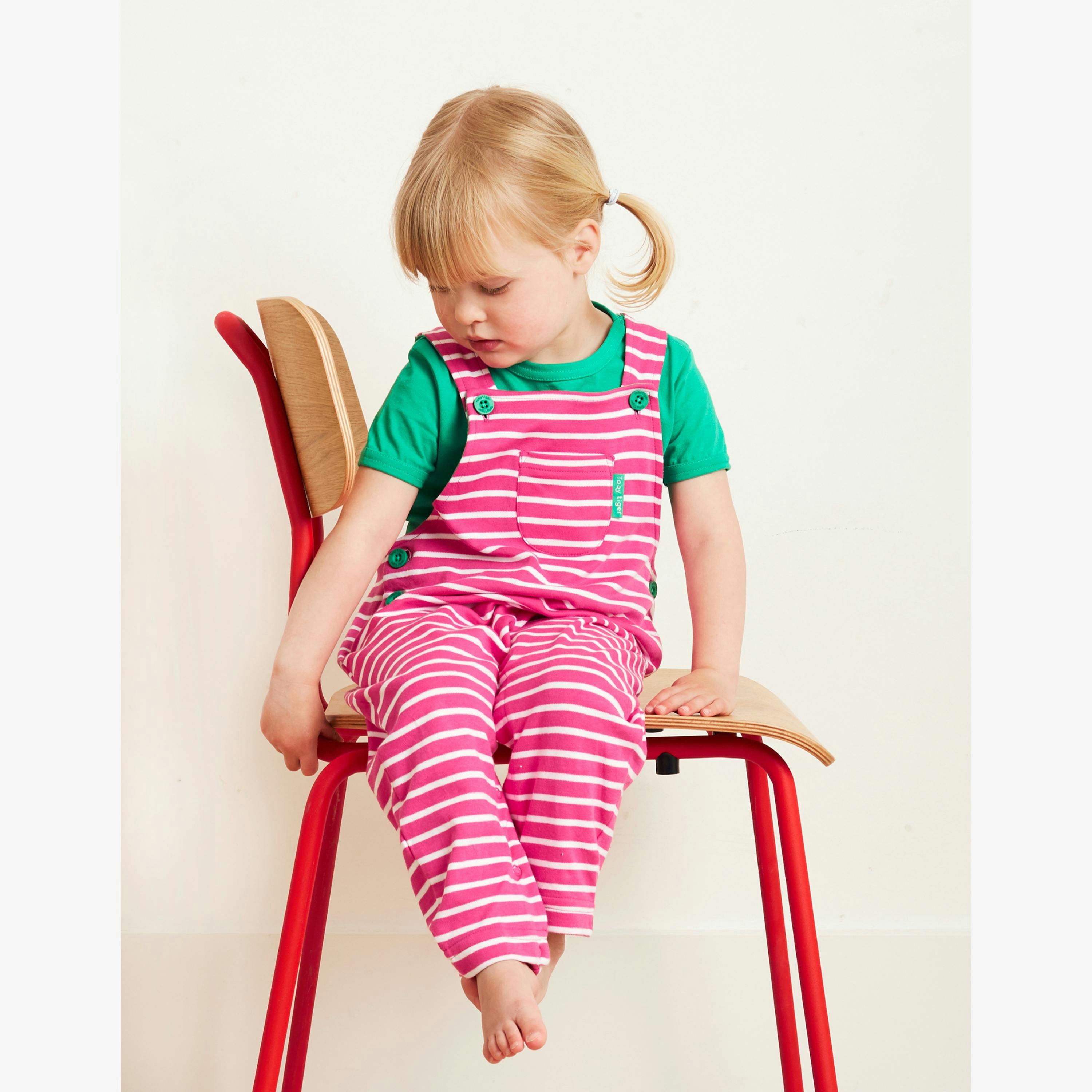 Organic Pink Breton Stripe Dungarees , view 2 of 2