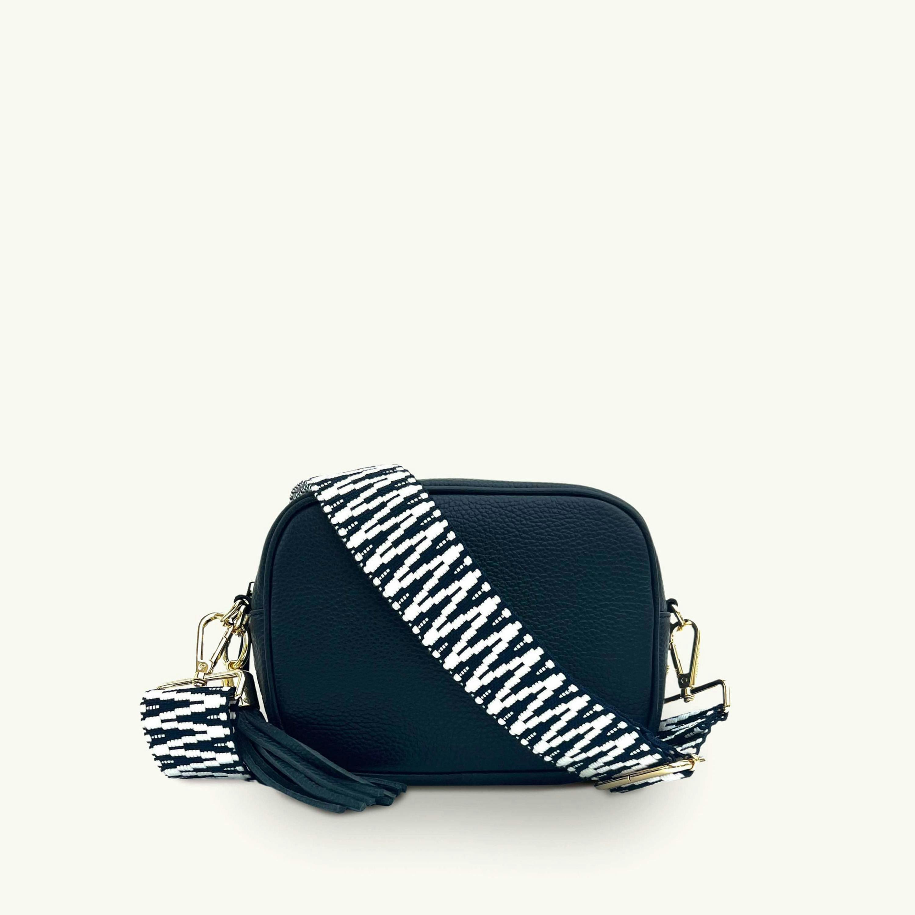 The Tassel Leather Crossbody Bag With Navy & White ZigZag Strap , view 1 of 6