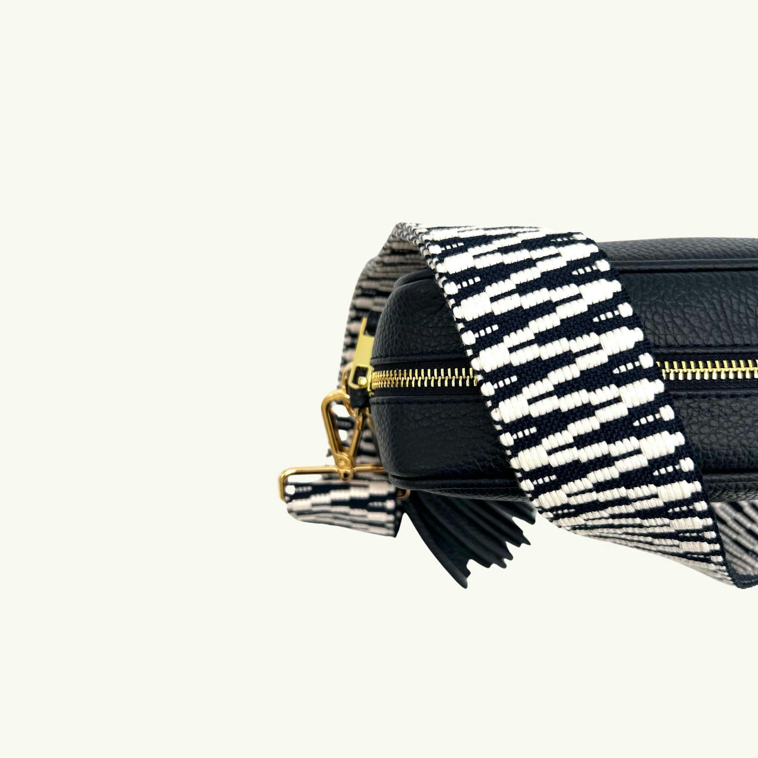 The Tassel Leather Crossbody Bag With Navy & White ZigZag Strap , view 3 of 6