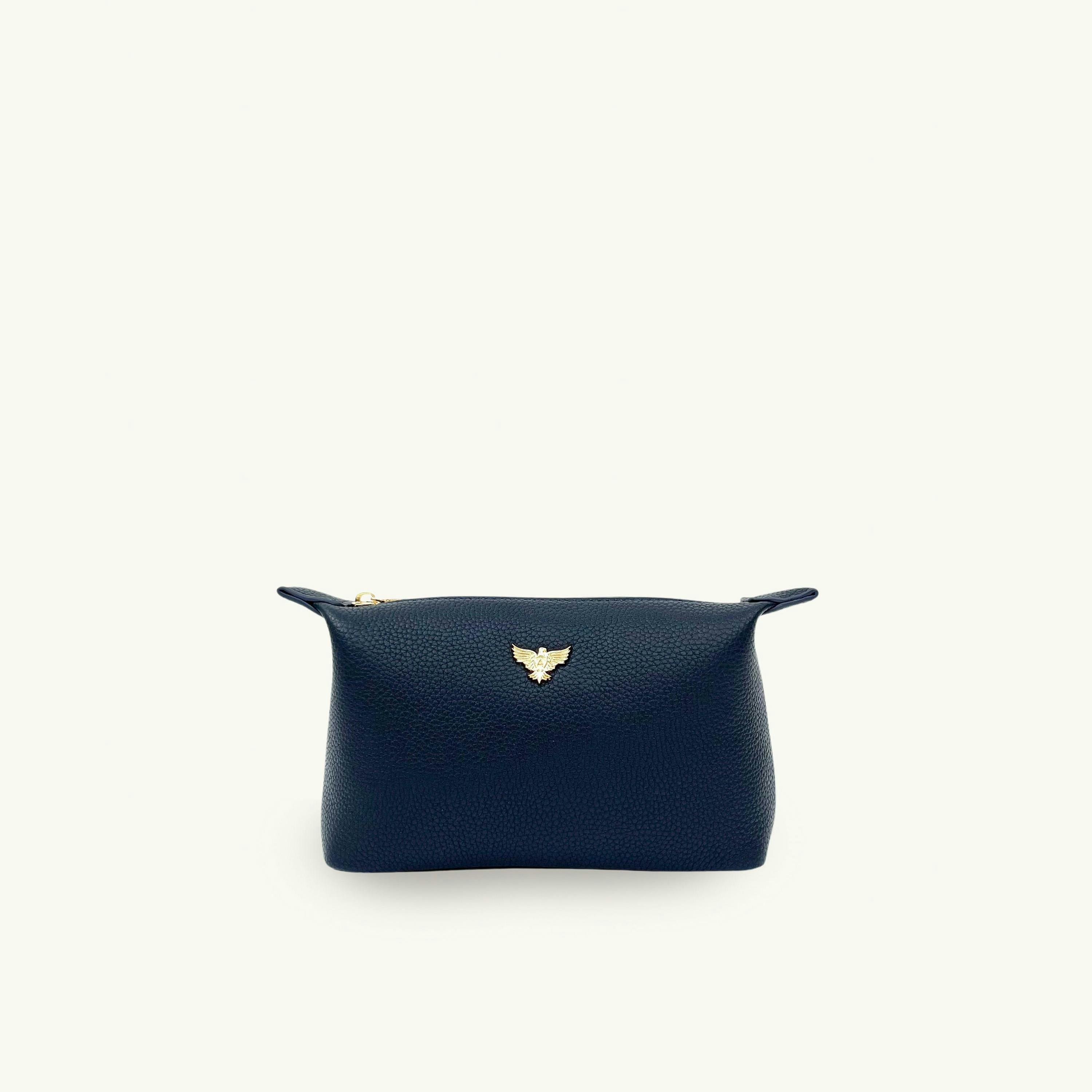 Small Leather Navy Makeup Bag , view 1 of 3