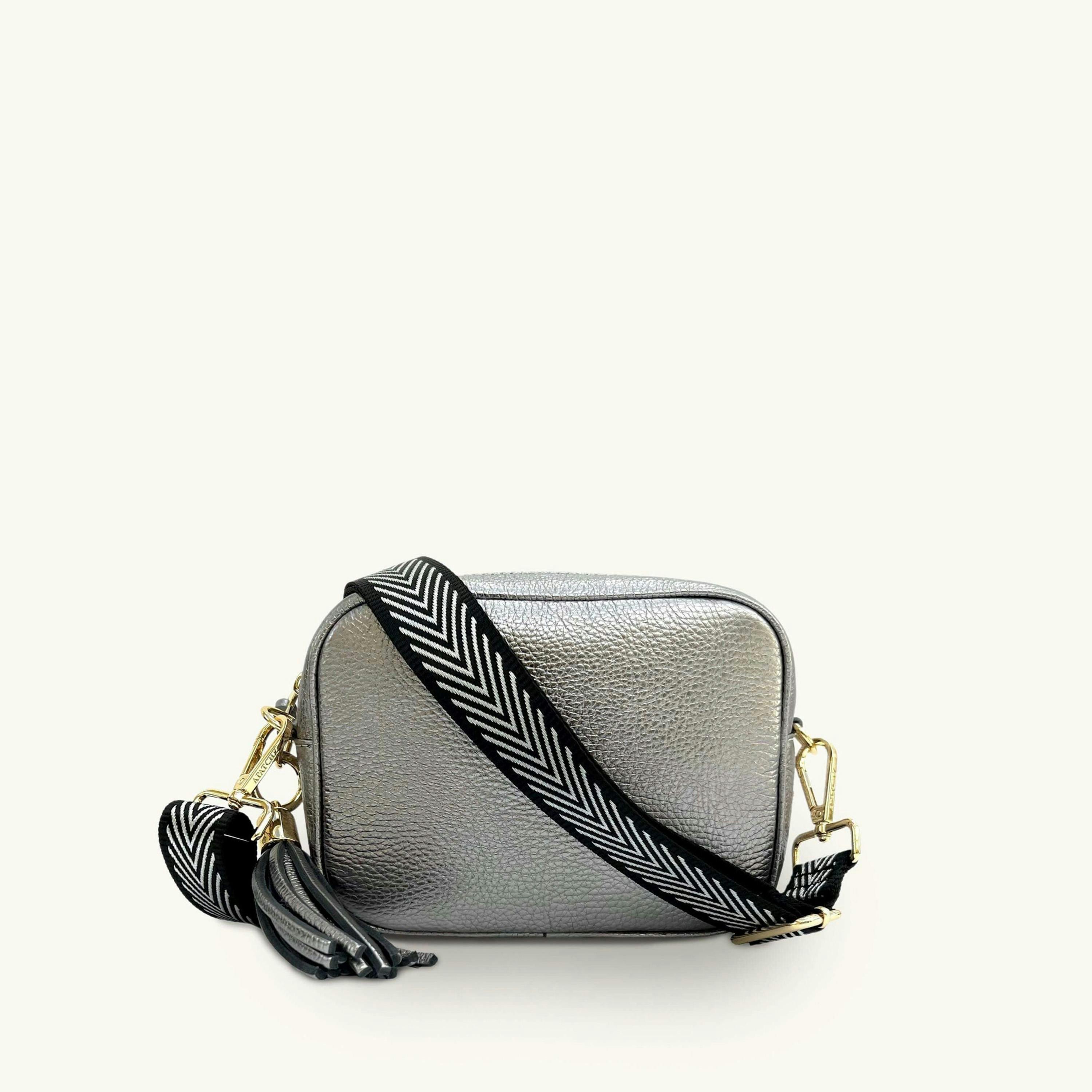 The Tassel Leather Crossbody Bag With Black & Silver Chevron Strap , view 1 of 6