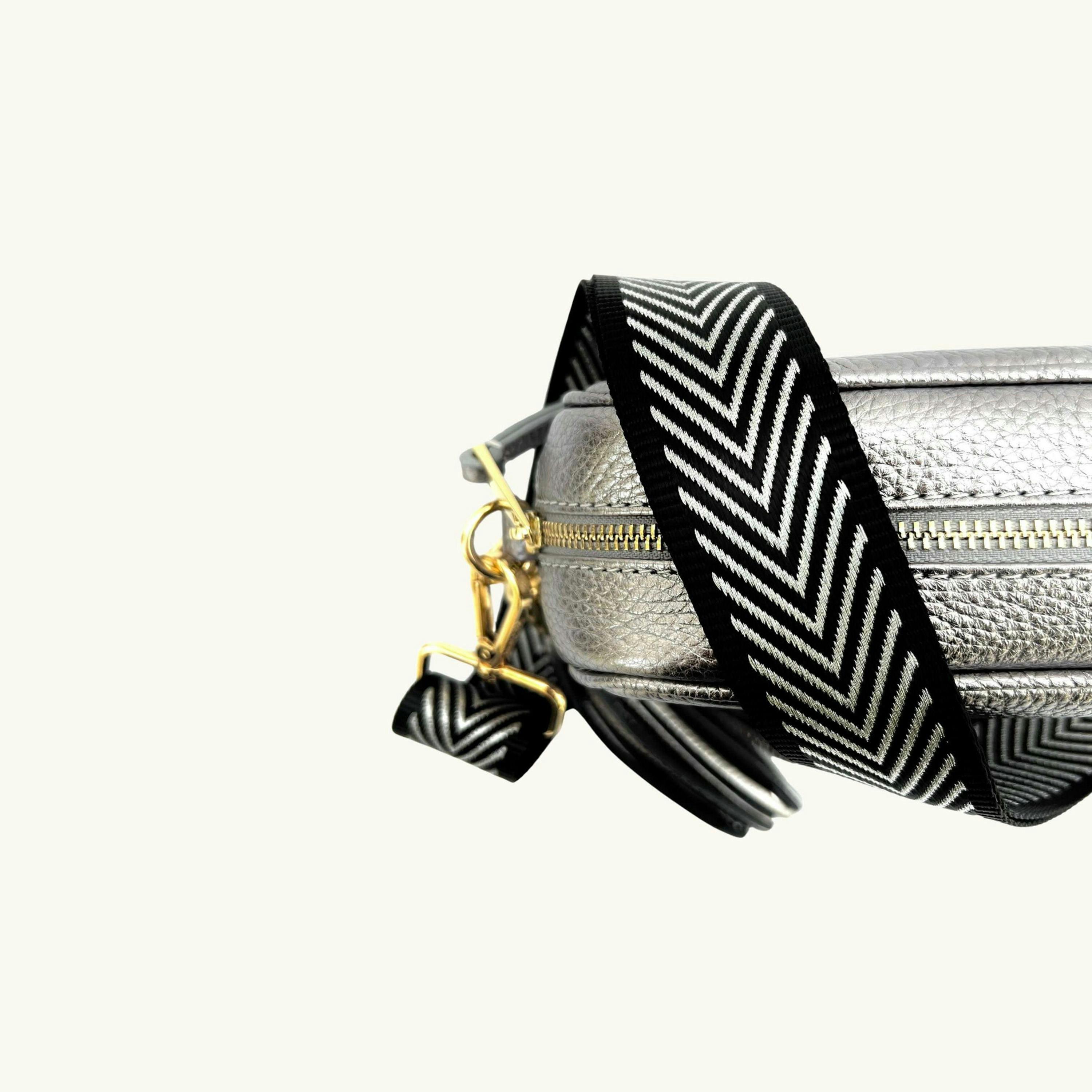 The Tassel Leather Crossbody Bag With Black & Silver Chevron Strap , view 3 of 6